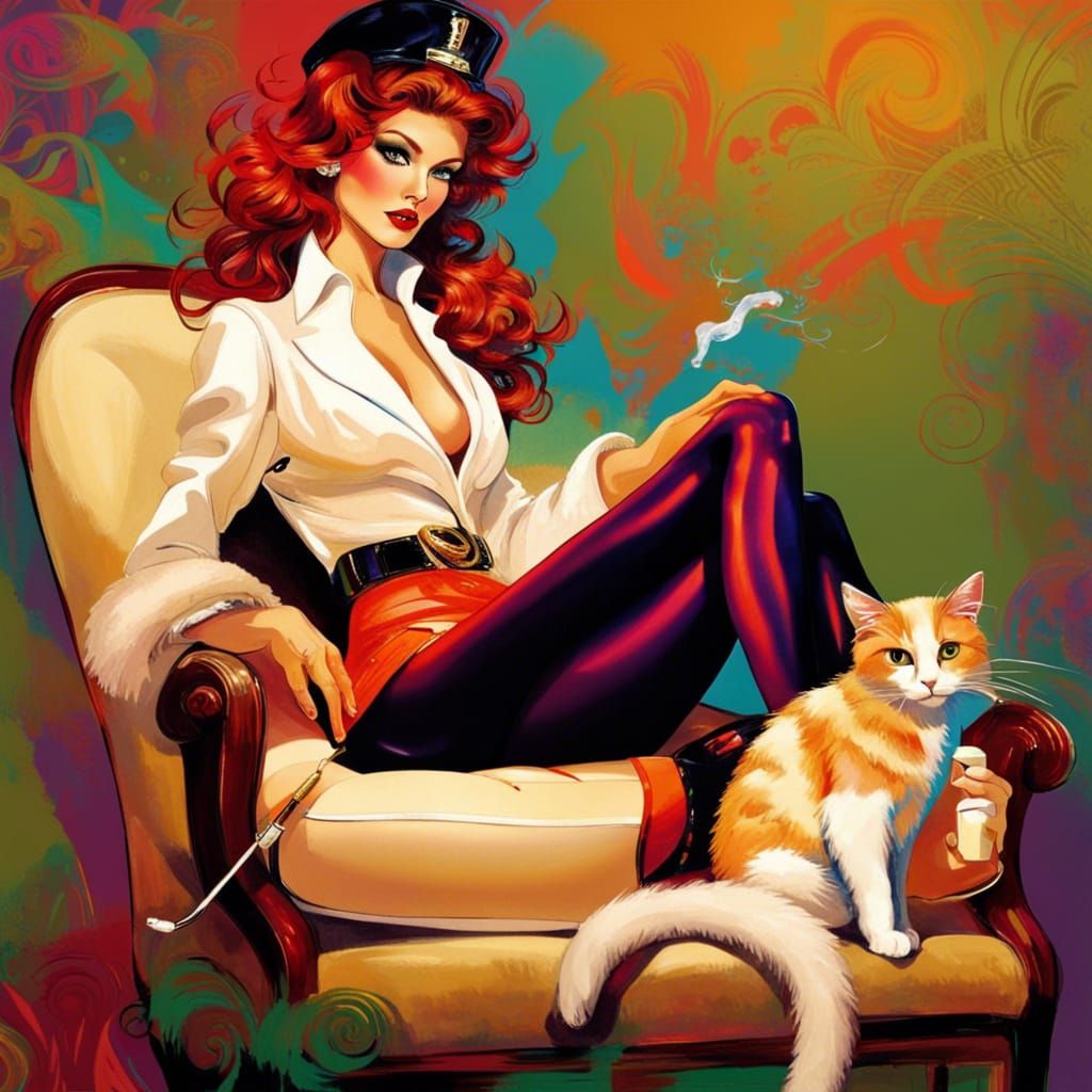 Glamorous Irish Vixen with White Cat, Digital Art