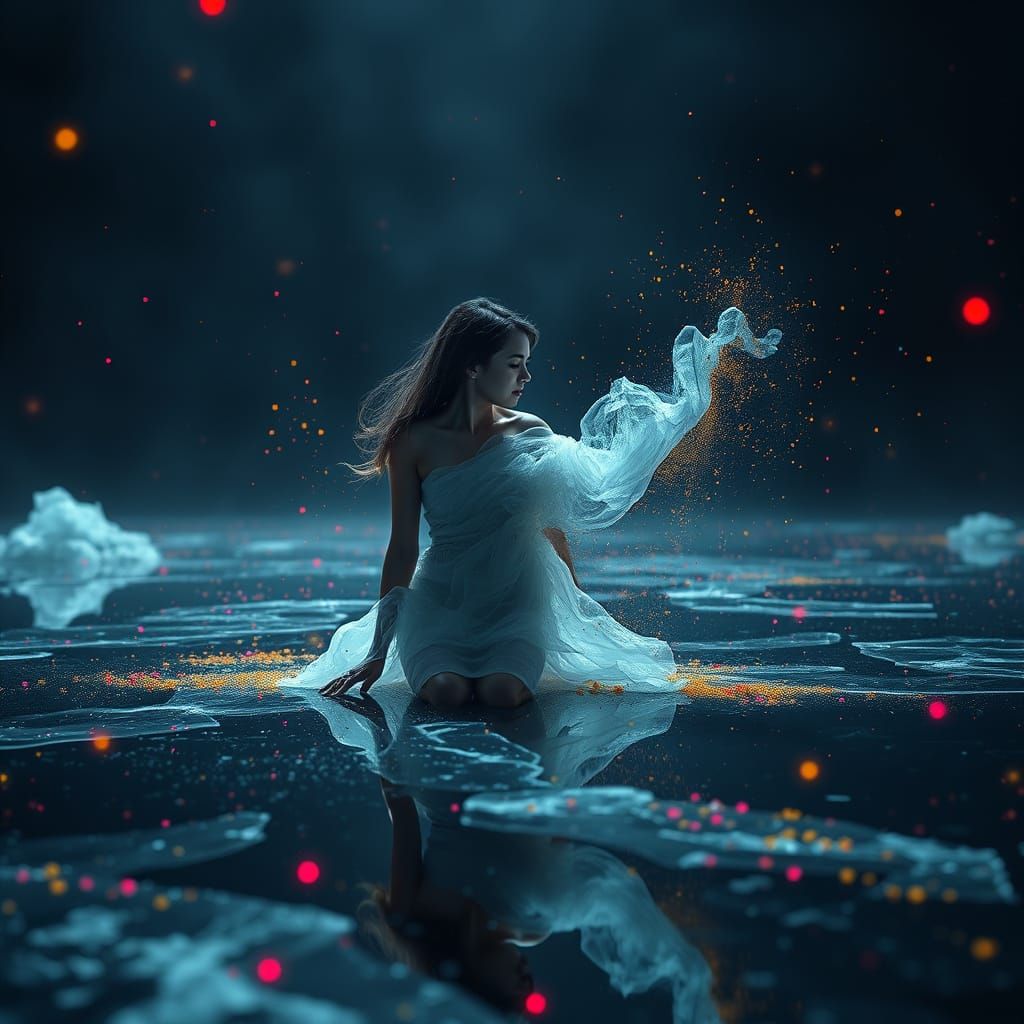 Surreal Dissolving Woman on Black Ice with Color Bursts