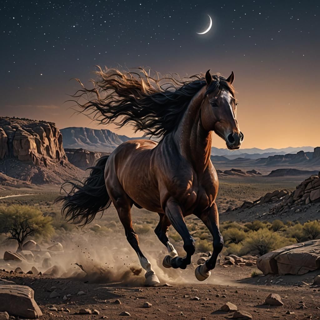 Galloping Horse at Dusk in Hyperrealistic Style