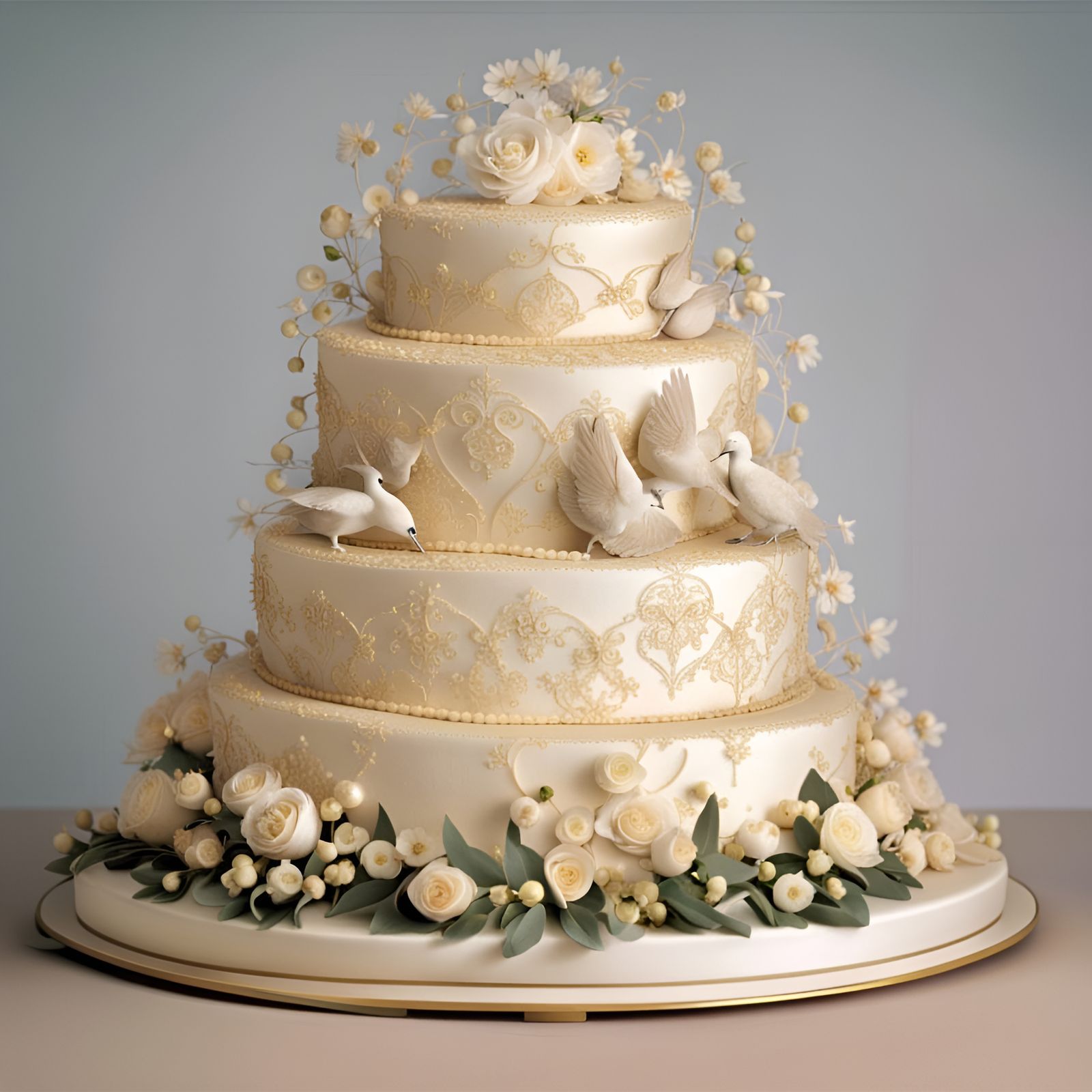 Vintage Wedding Cake with Doves and Music Box