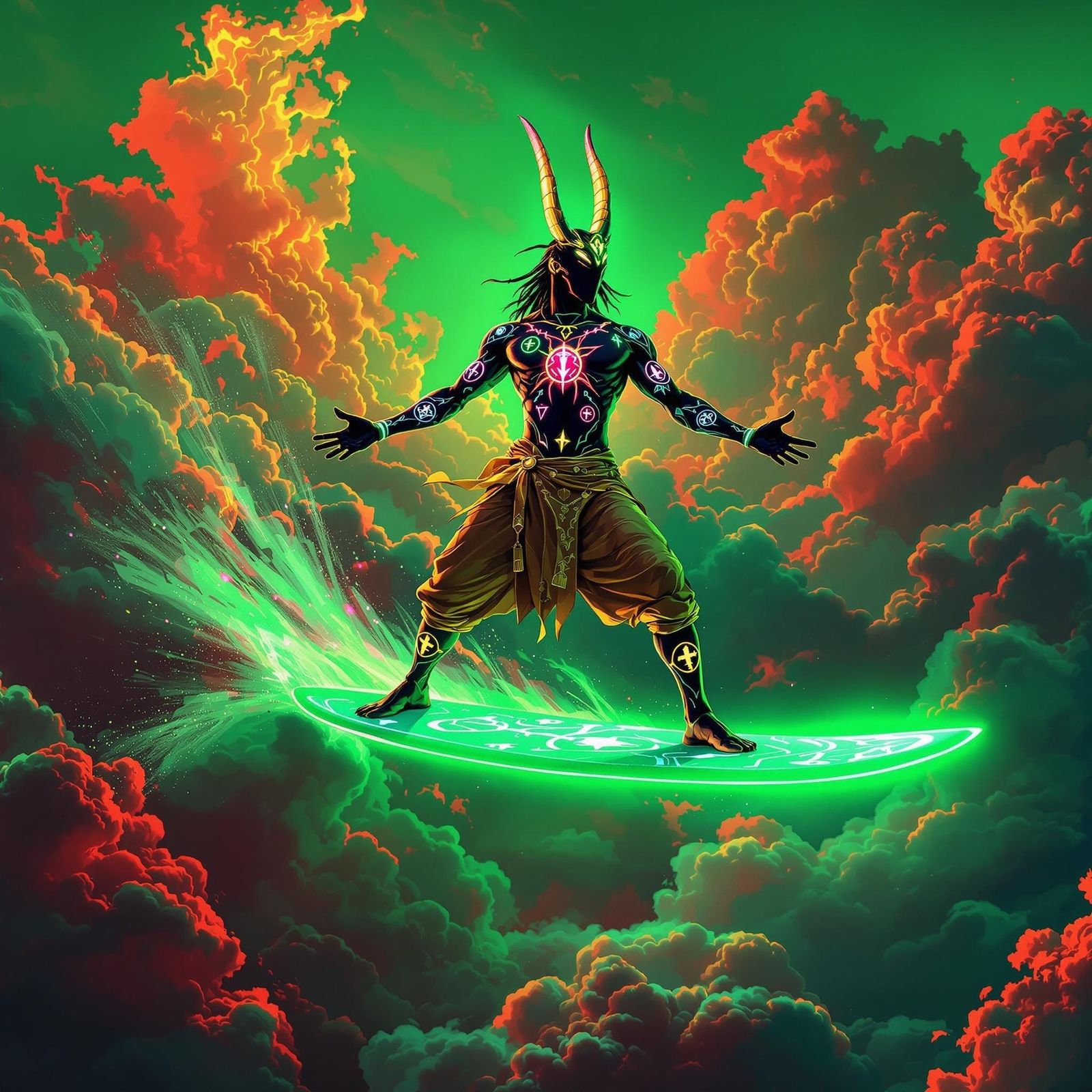 Humanoid Anubis Surfing in Futuristic Neon Landscape