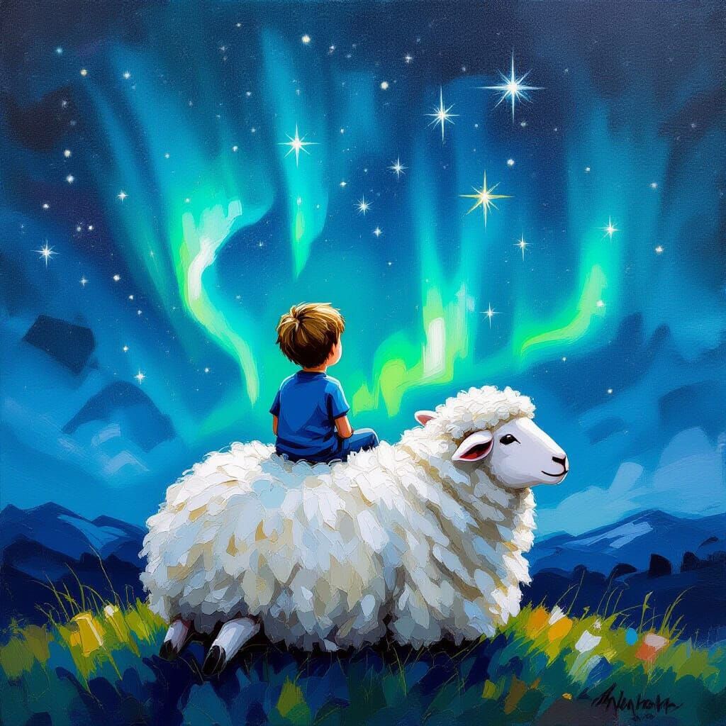 Boy on Sheep Watches Northern Lights in Impasto Painting