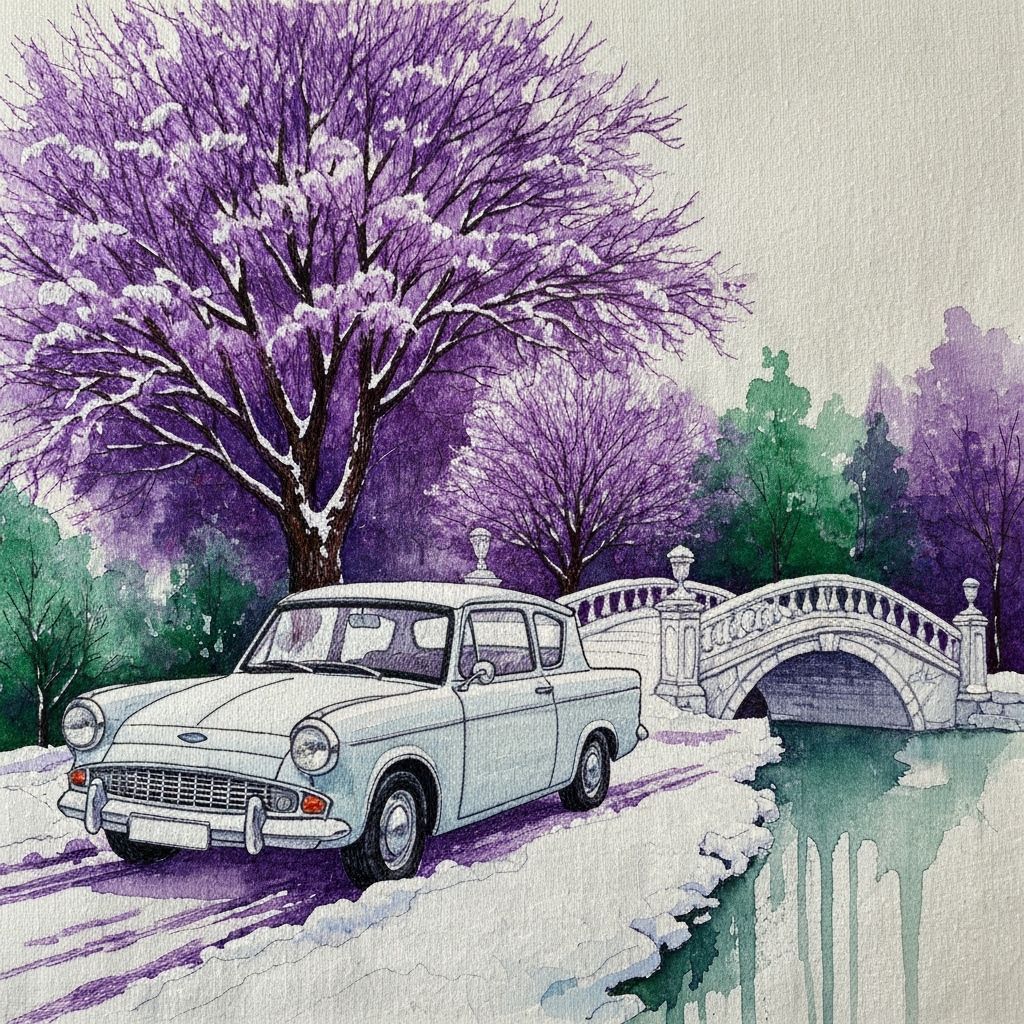 Embroidered Vintage Car in Snowy Landscape Painting