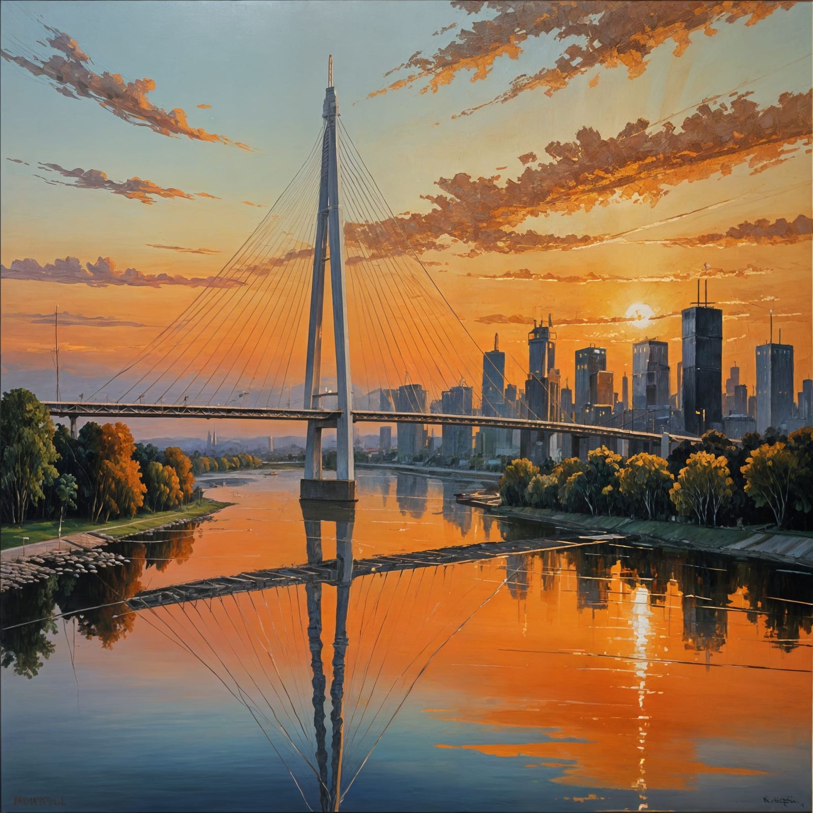 Modern Bridge at Sunset: Romanticism Oil Painting