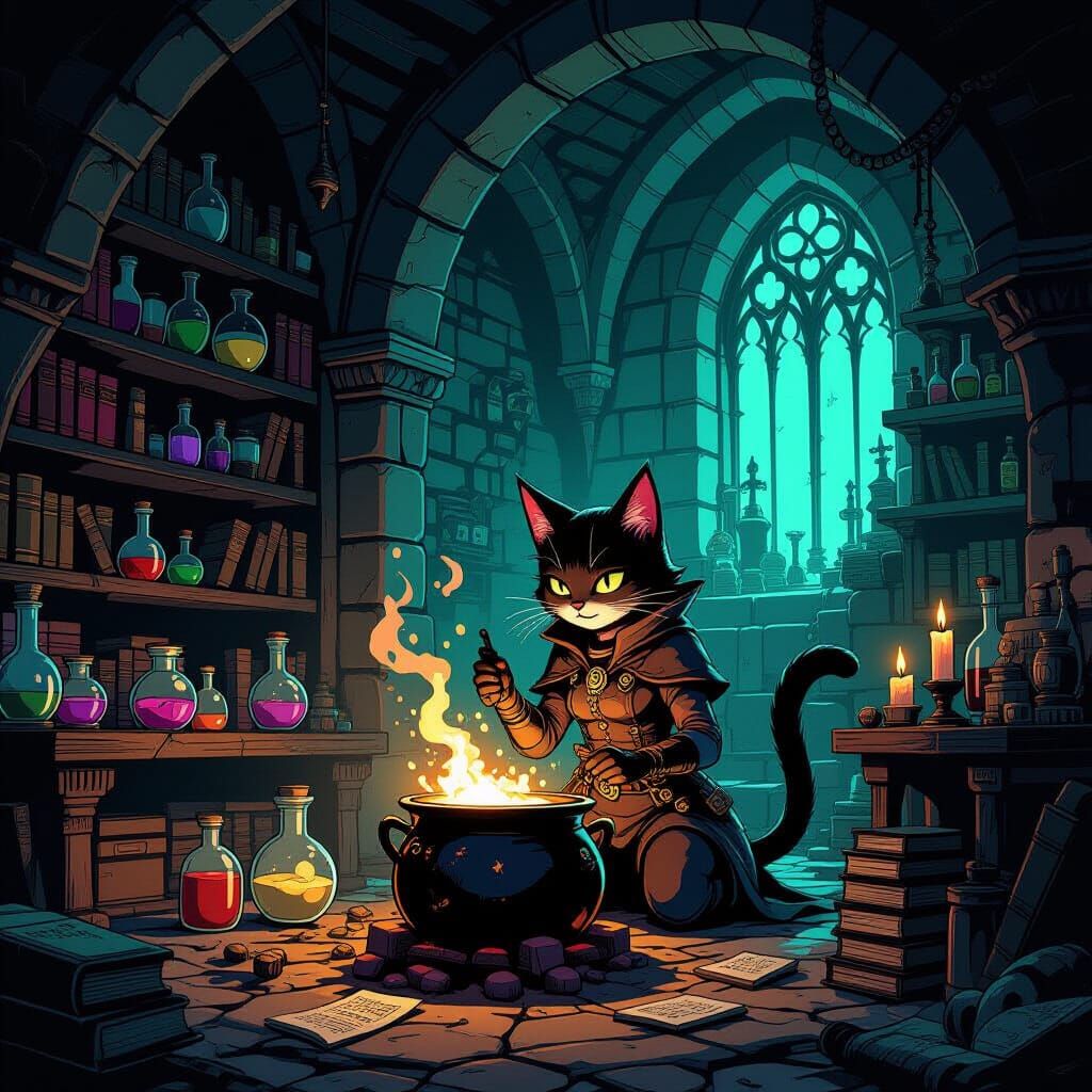 A catgirl alchemist In a hidden chamber