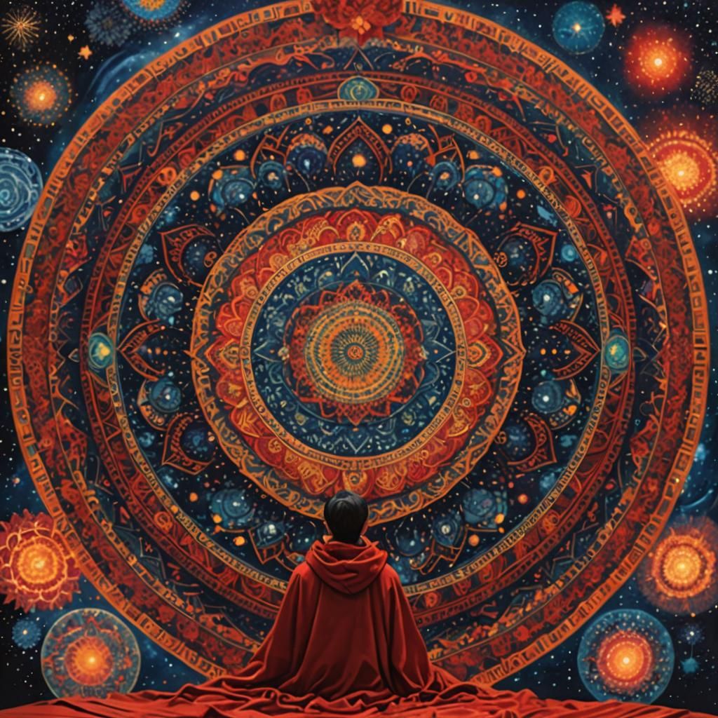 Radiant Mandala with Figure in Red Cloak