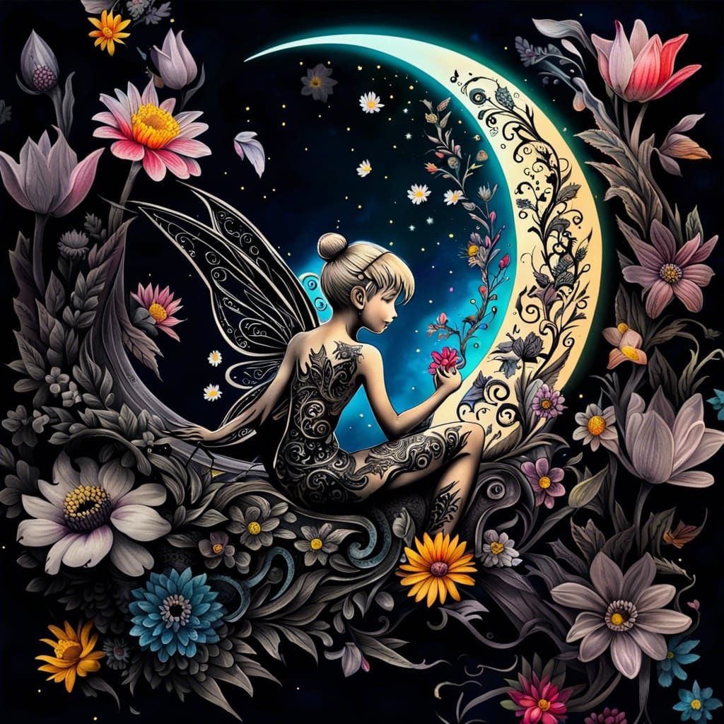 Tinkerbell Tattoo Design with Flowers in Black Ink