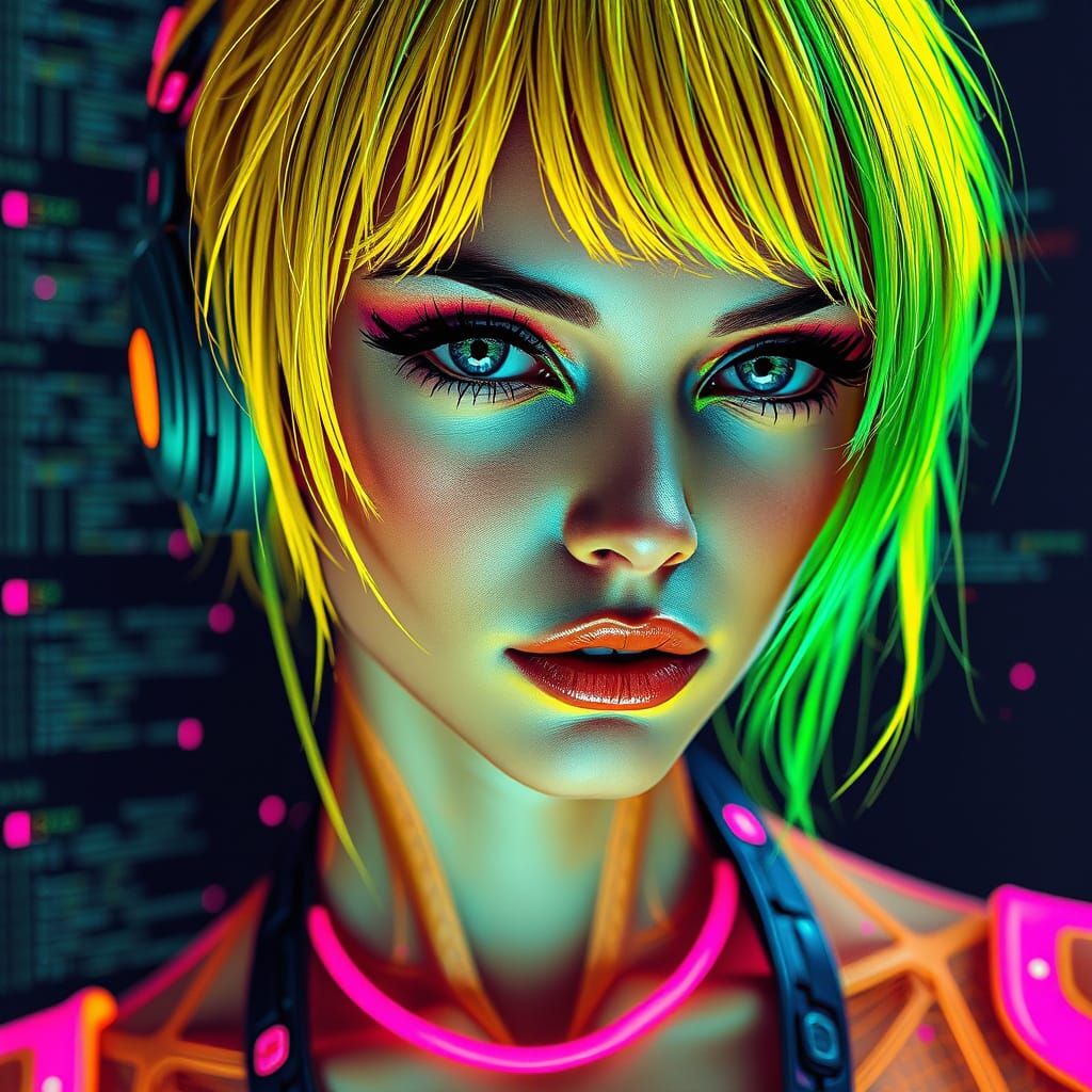 Cyborg Woman Portrait in Graphic Neon Style
