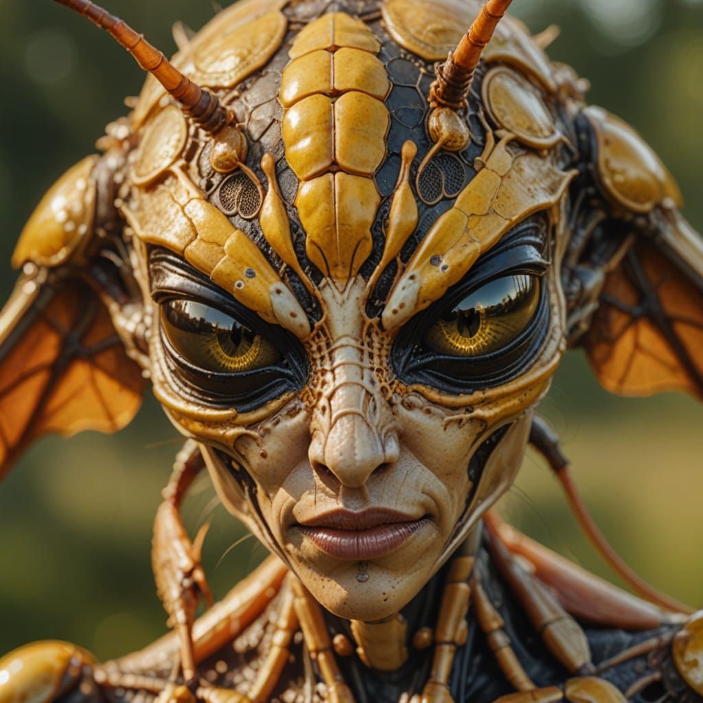 Glowing Alien Princess with Insect Features in Natural Splen...