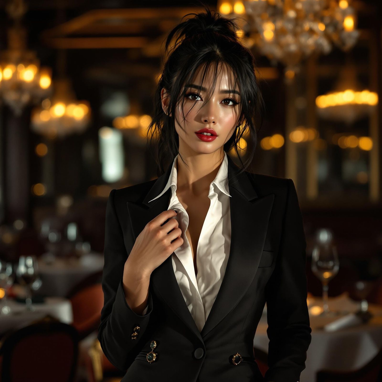 Elegant Young Woman in Fine Dining Restaurant, Inspired by O...