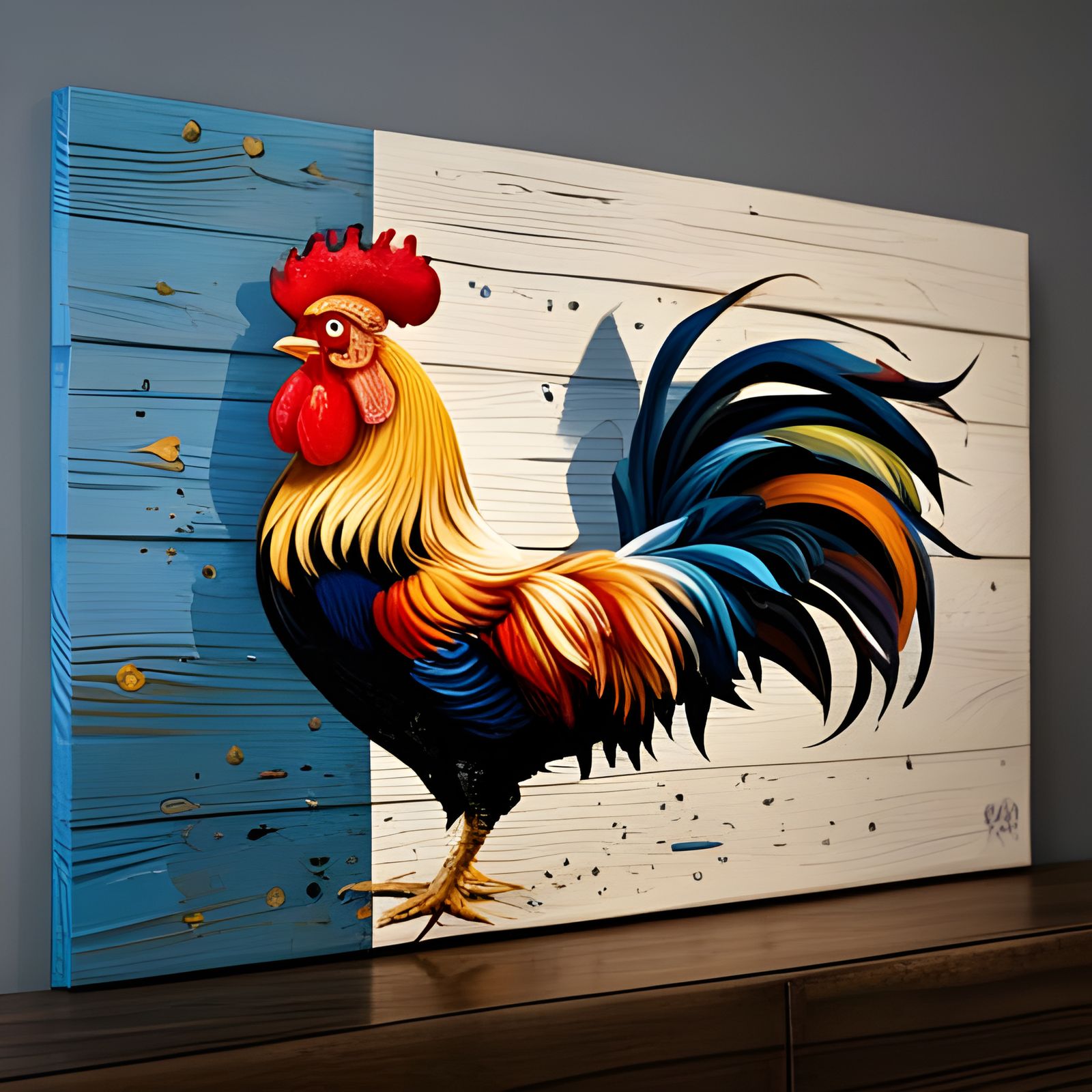 Detailed Rooster Painting on Reclaimed Wood