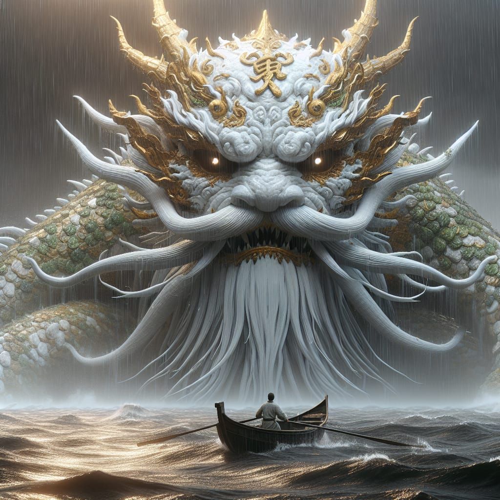 Colossal Kraken Confronts Sailor in Stormy Seas