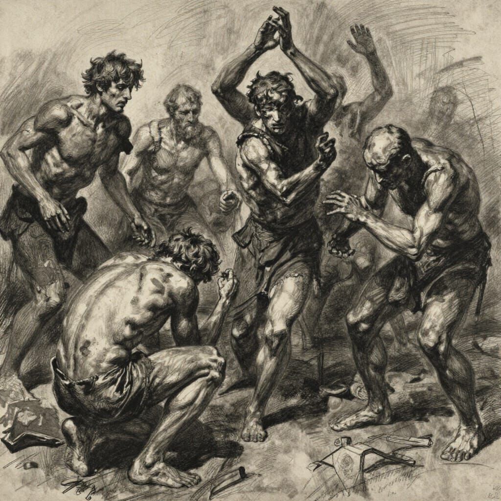 Charcoal Drawing of Struggle and Oppression