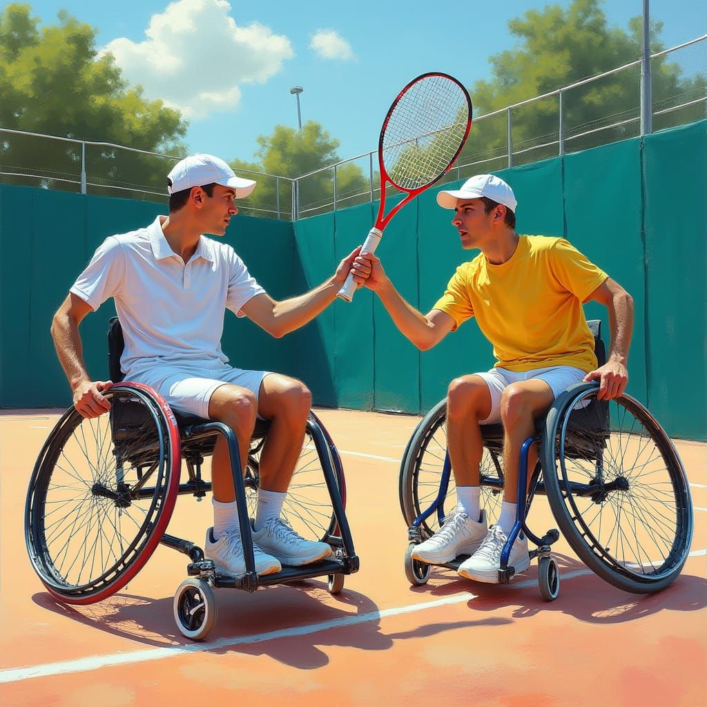 Dynamic Wheelchair Tennis Match in Vibrant Style