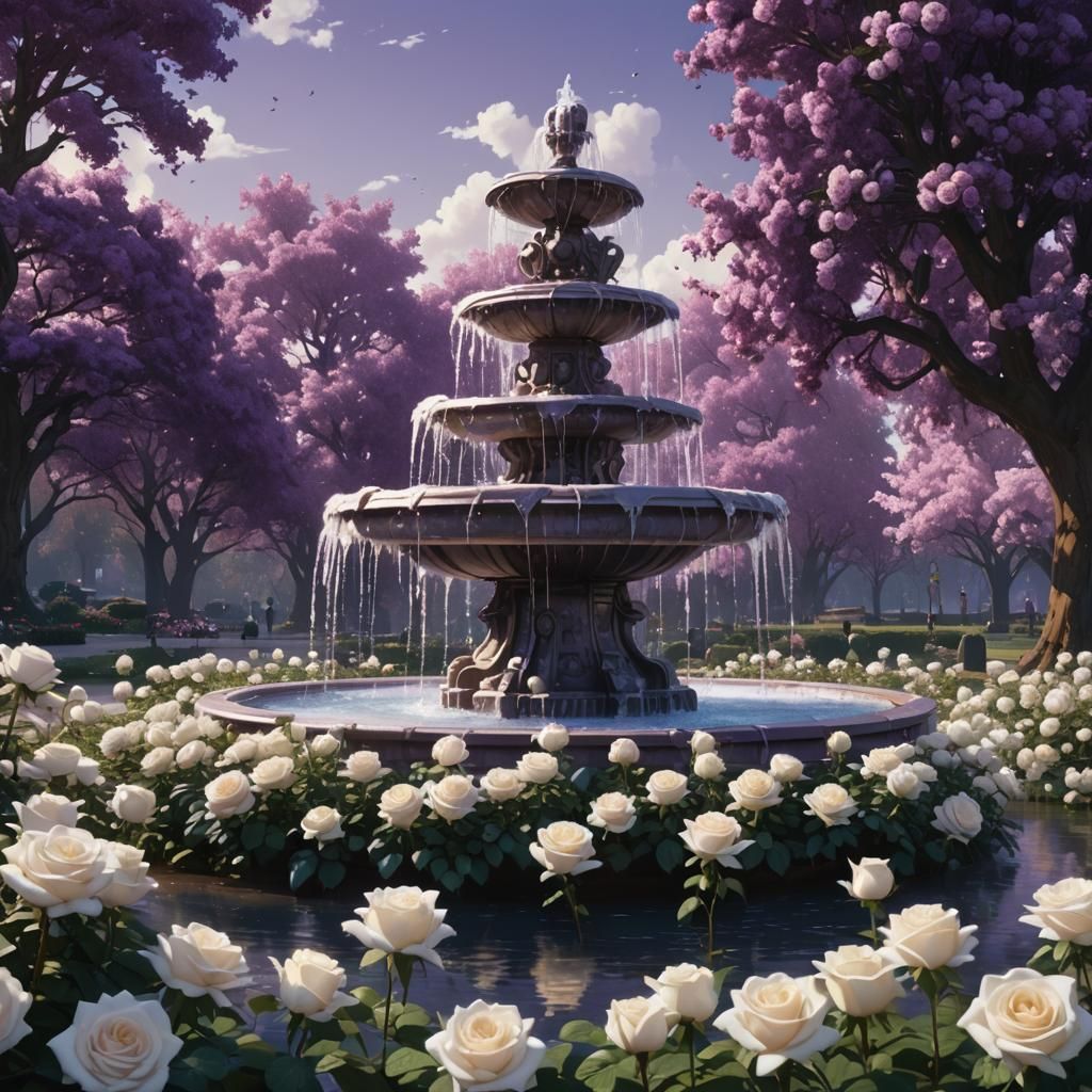 Purple Fountain in Rose Garden, Fantasy Concept Art