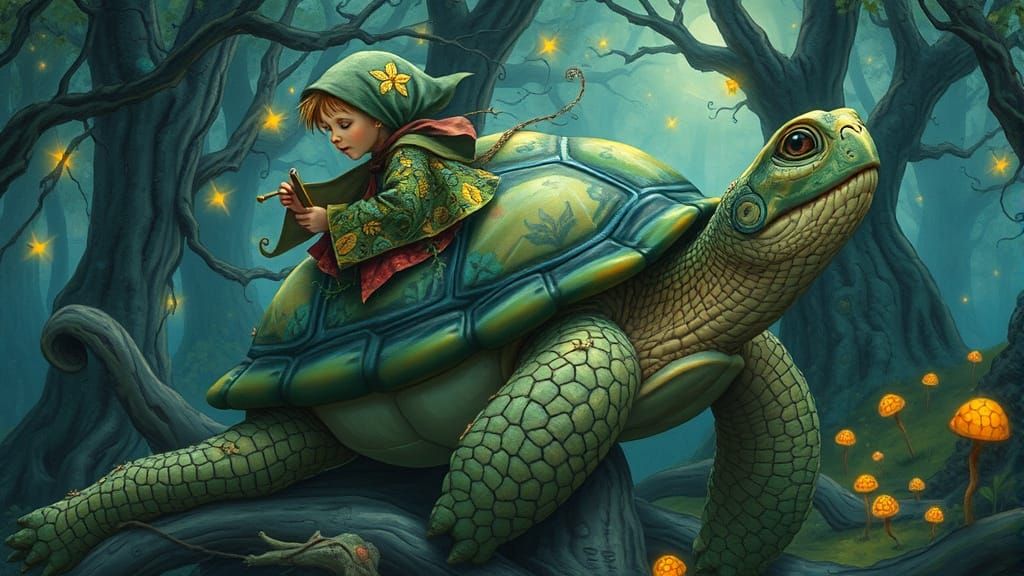 Mystical Turtle and Child in Enchanted Forest