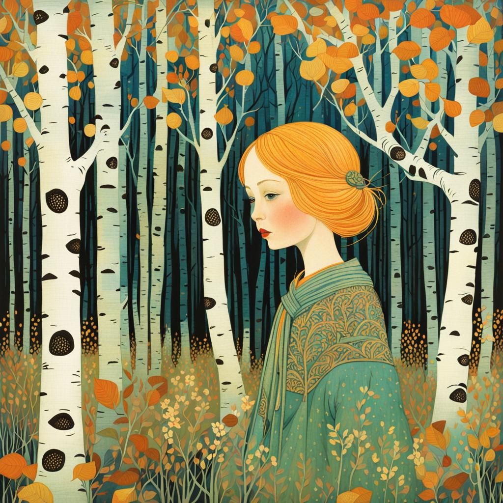 Girl in Birch Forest: Intricate Spring Illustration