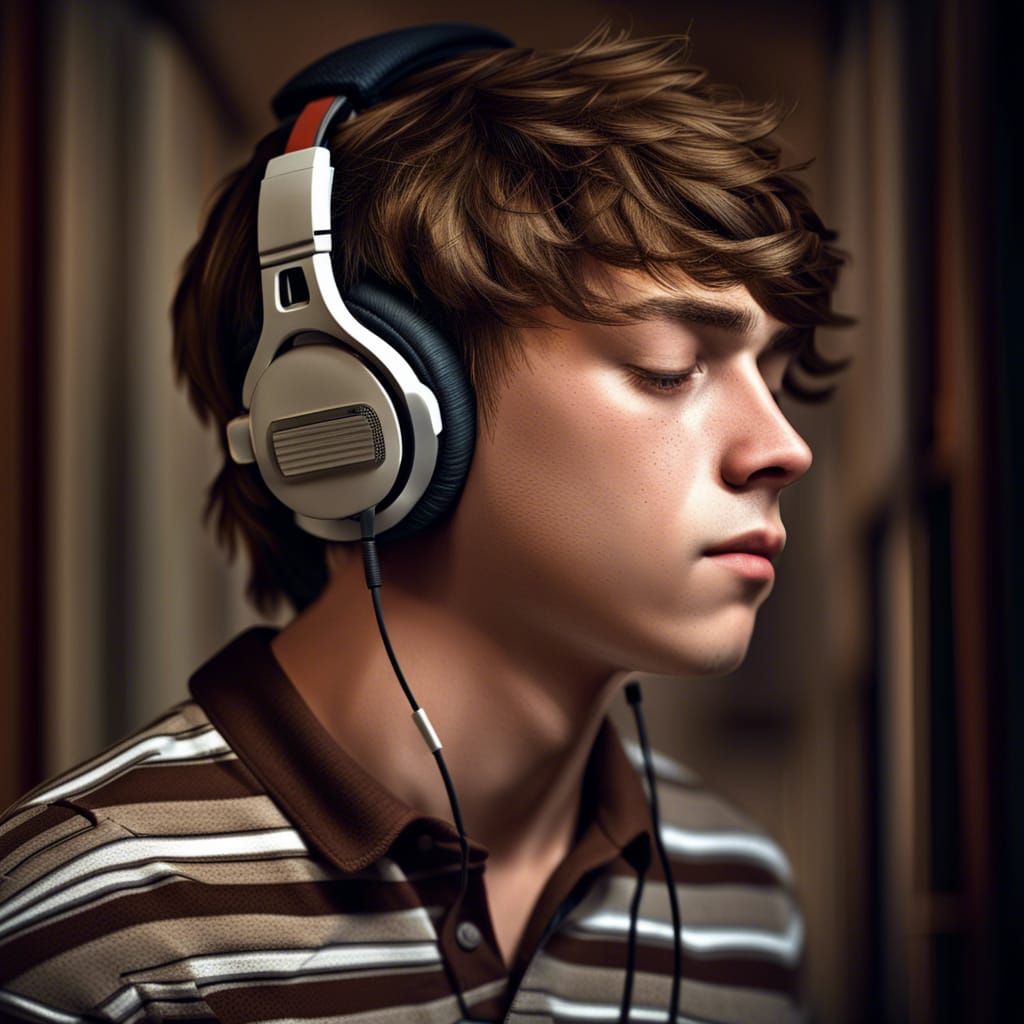 Hyperrealistic Portrait of Boy Listening to Music