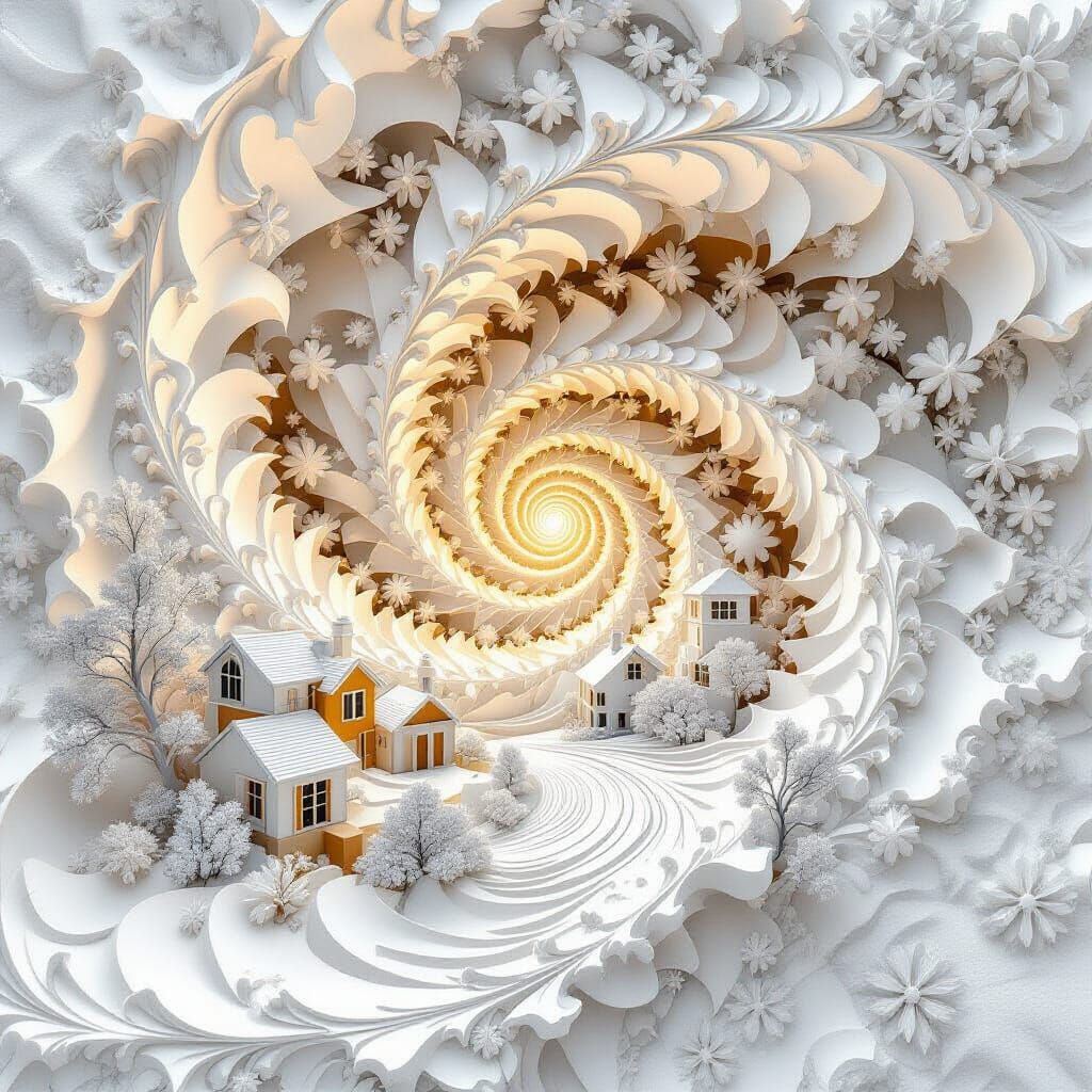Abstract Fractal Planet Landscape with Stylized Homes and Tr...