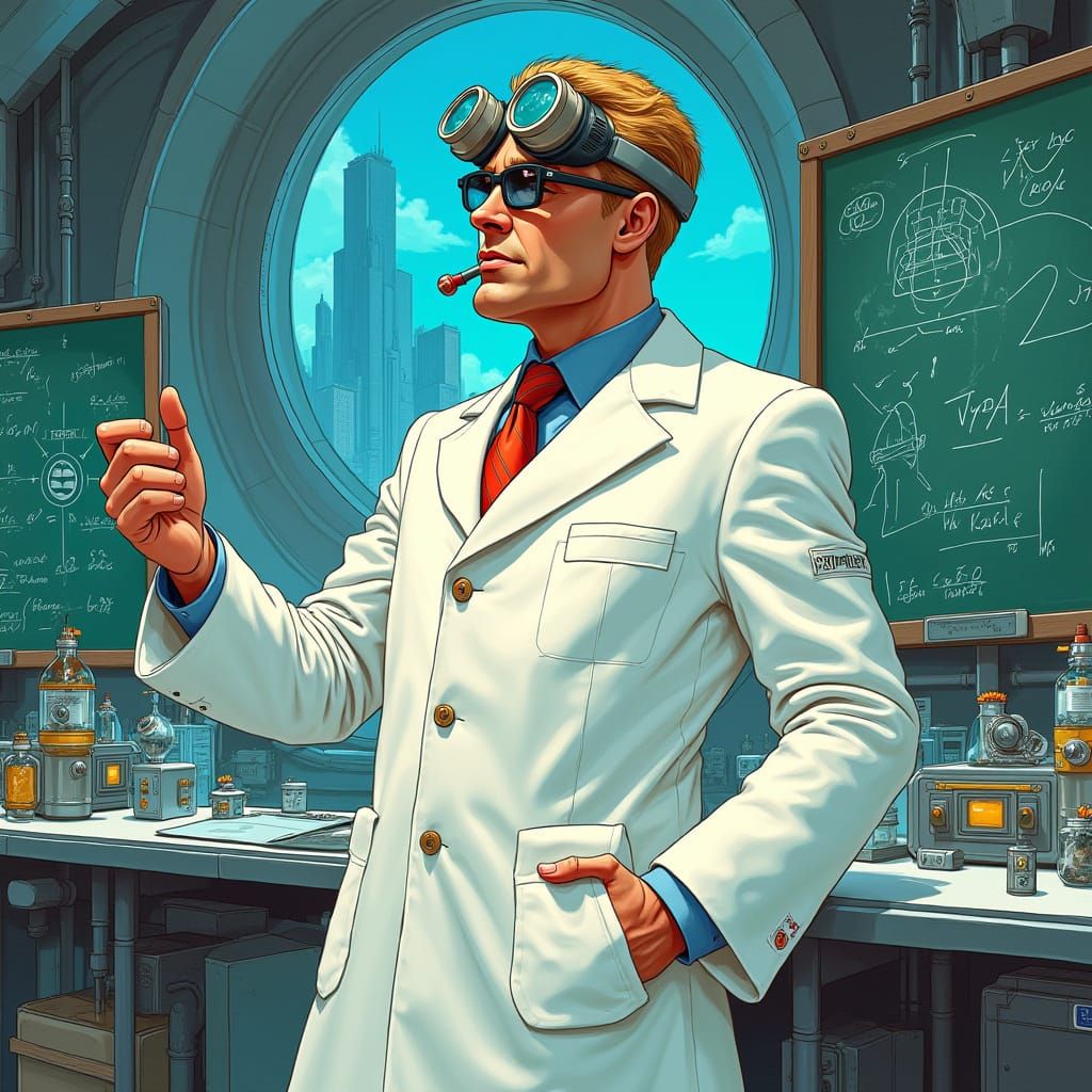 Sleek Scientist Saves the Day in Futuristic Lab