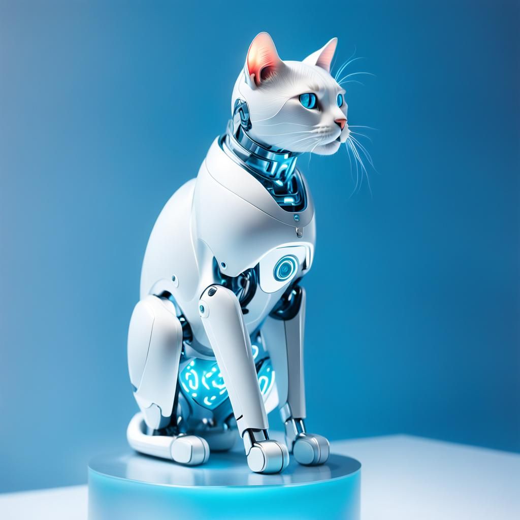 Surreal White Robot Cat in Macro Photography