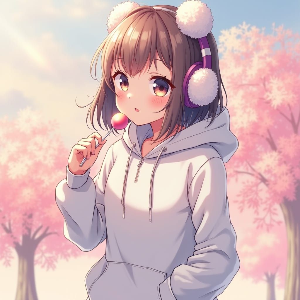 Anime Girl with Lollipop in Pastel Dreamscape