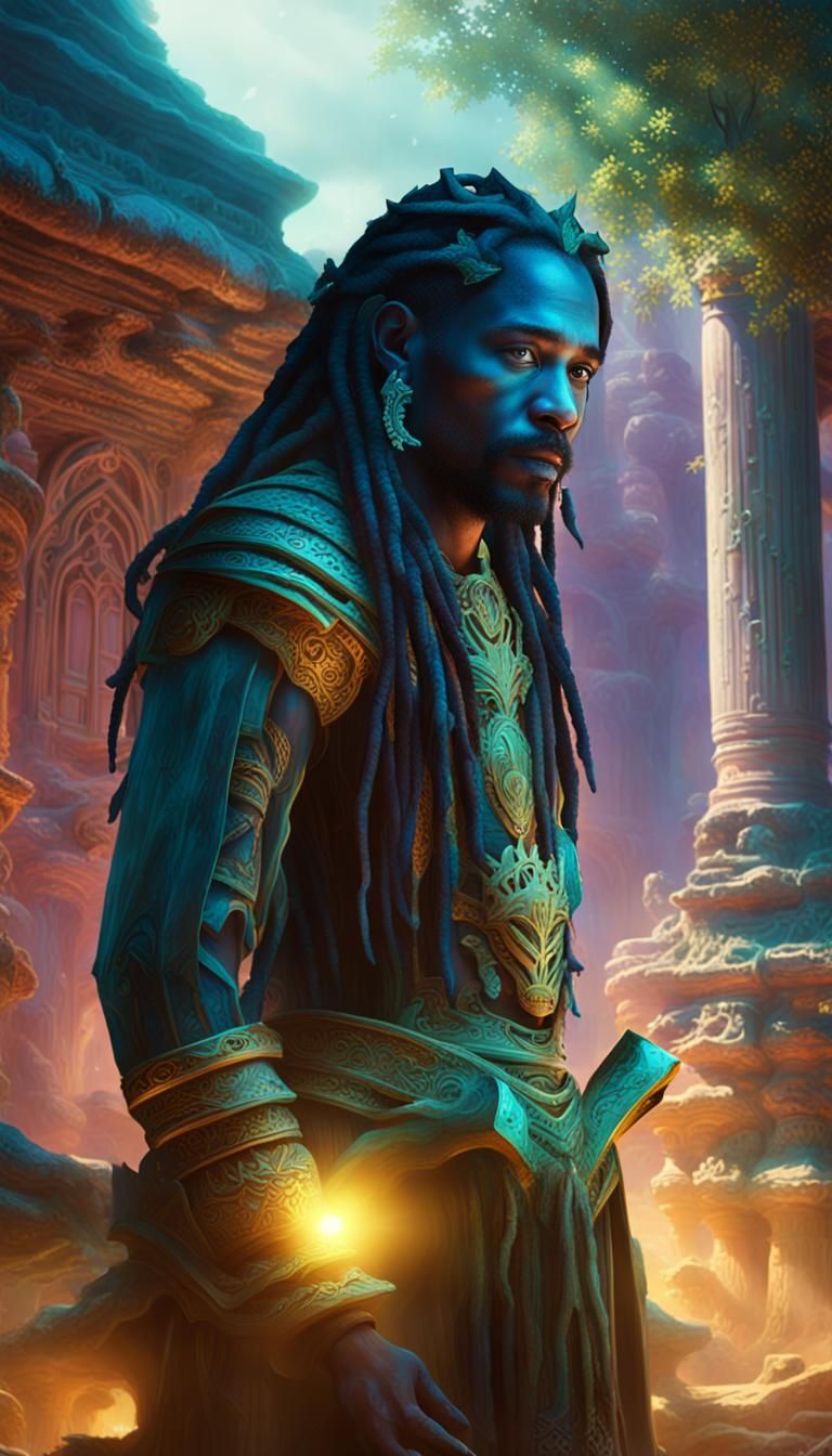 Mystical King on Throne in Ancient Temple