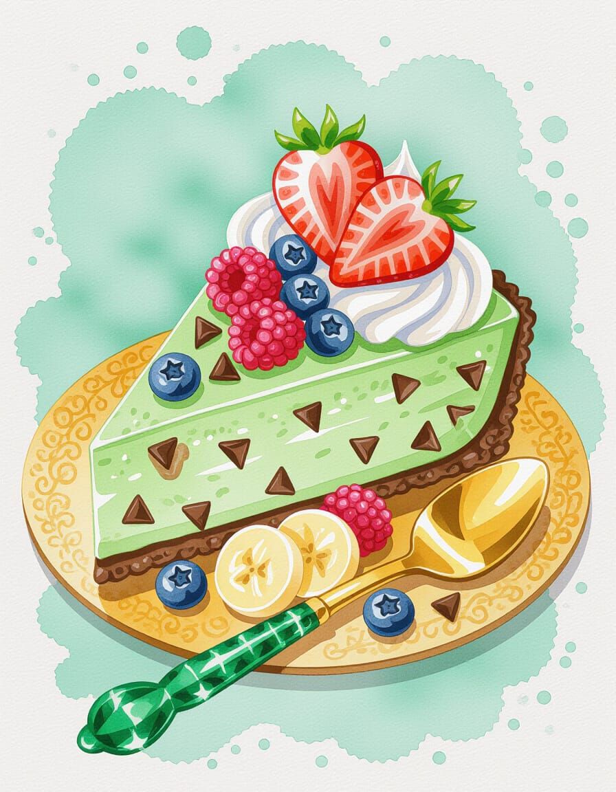 Mint Chocolate Chip Cheesecake Slice in Watercolor