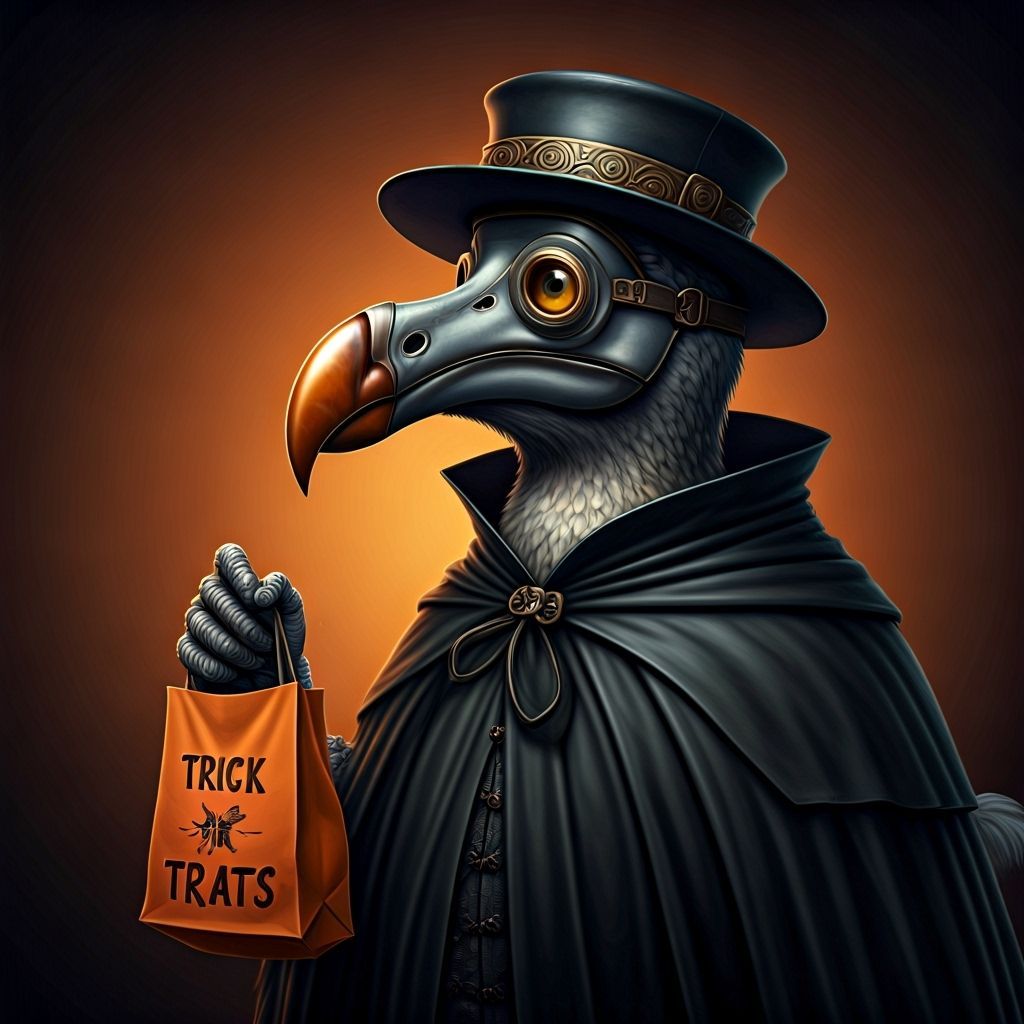 Dodo Bird in Plague Doctor Costume Holding Candy Bag