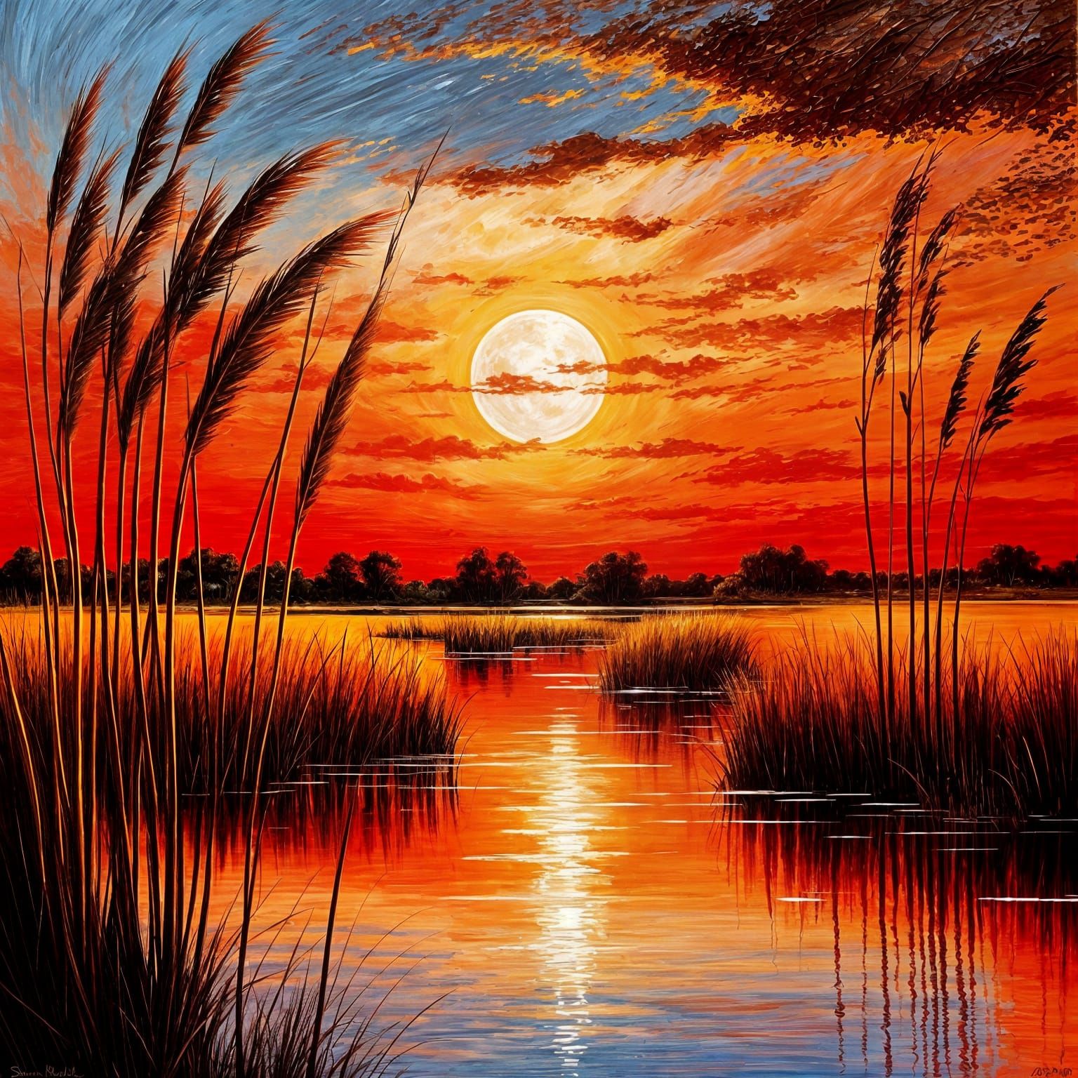 Serene Wetland Sunset With Moon and Herons
