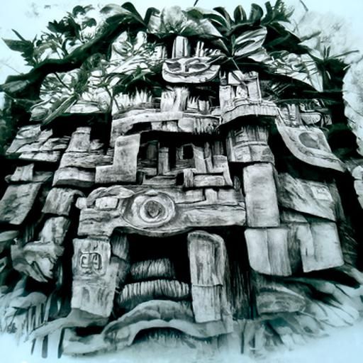 Mayan Temple in Jungle: Detailed Charcoal Drawing