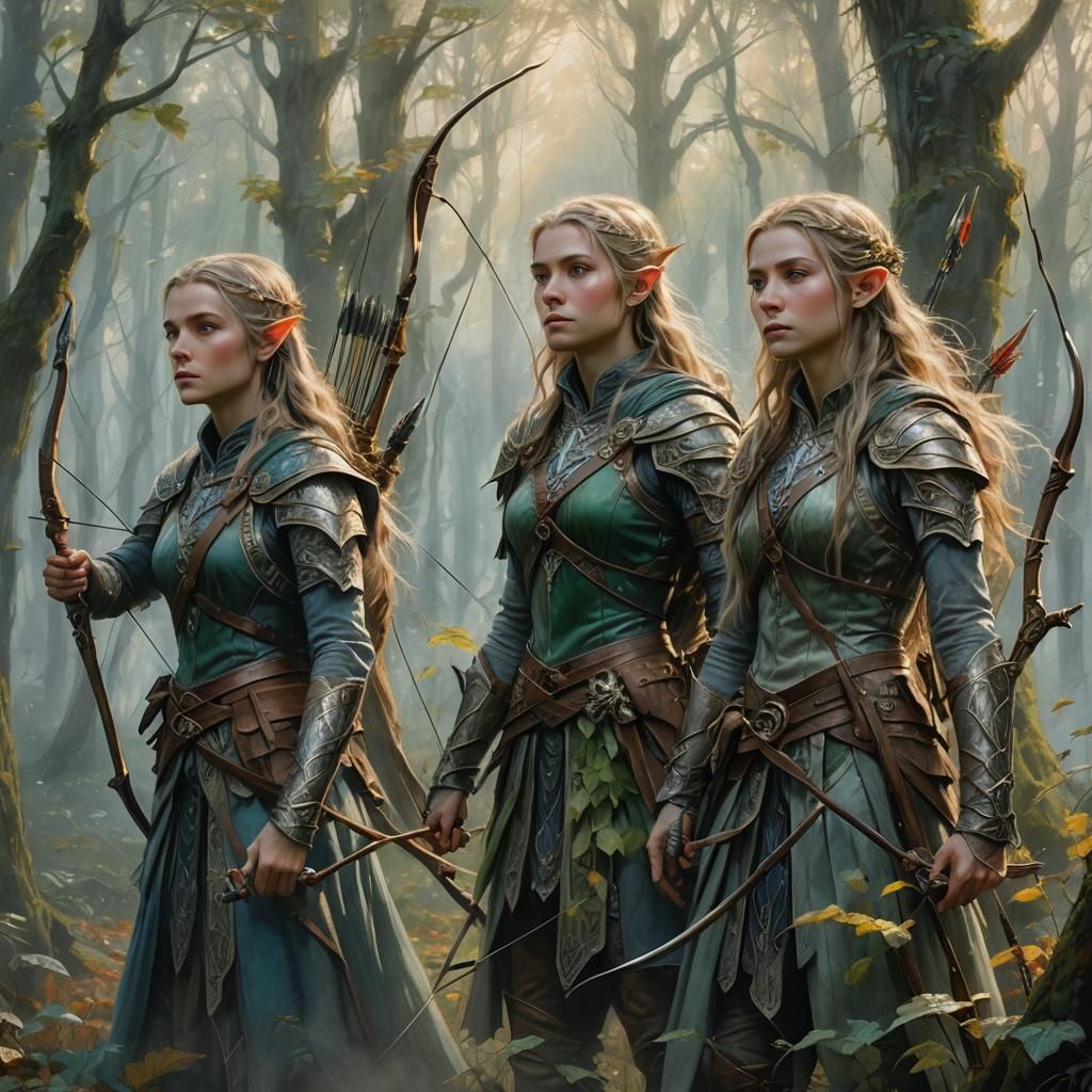 Elven Archers in Misty Forest, Oil Painting