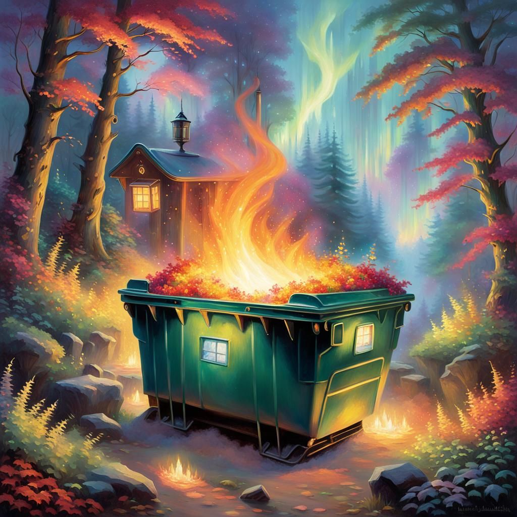 Ethereal Dumpster Fire in Mystical Forest