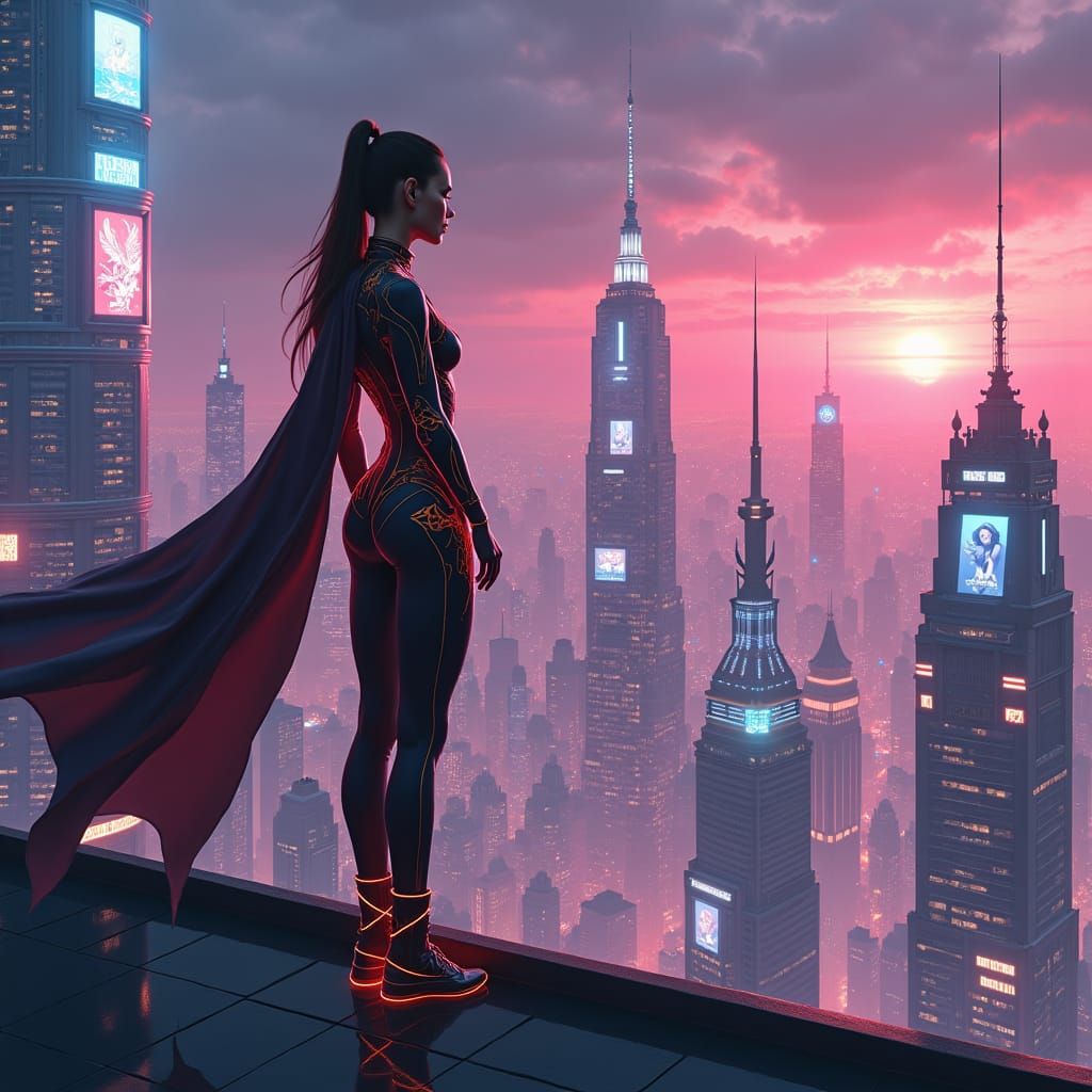 Futuristic Hero Overlooking Neon Cyberpunk Cityscape