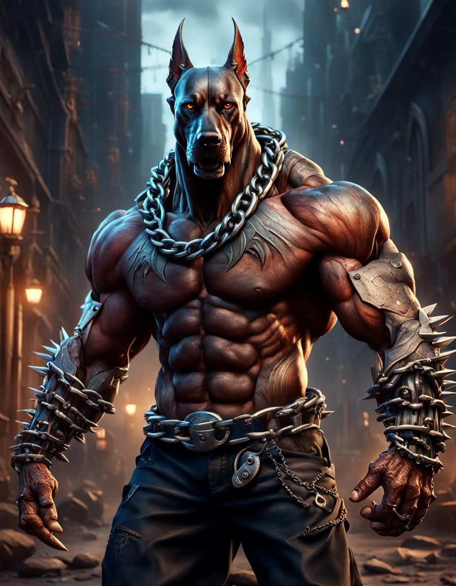 anthropomorphic doberman man with massive muscular muscle ,8k resolution concept art with chains,spikes and huge claws