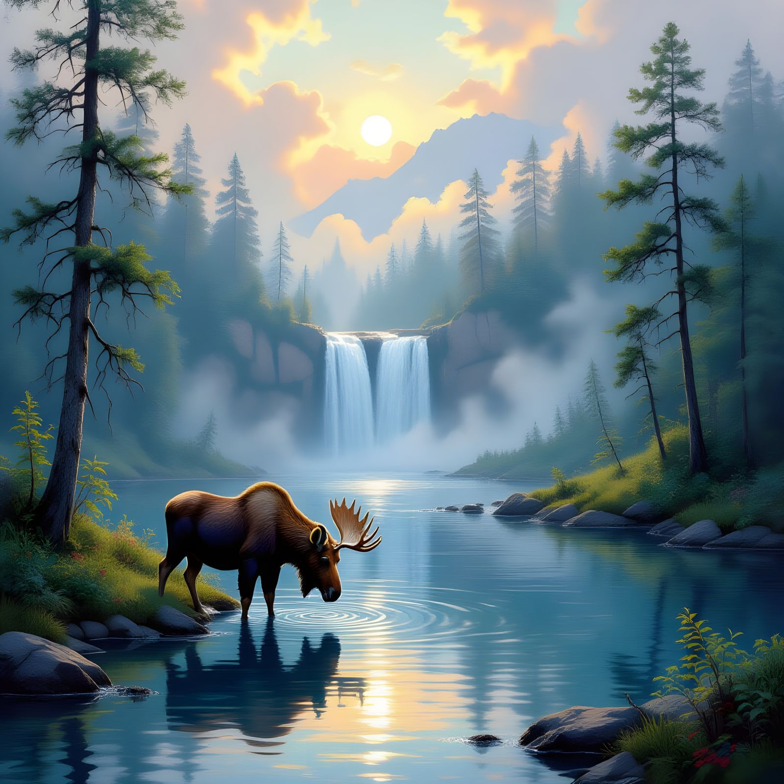 Moose Drinking at Waterfall in Foggy Woods