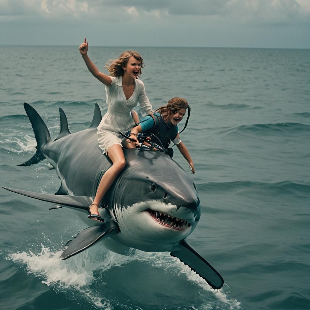 Taylor Swift Rides a Shark: Cinematic Film Still