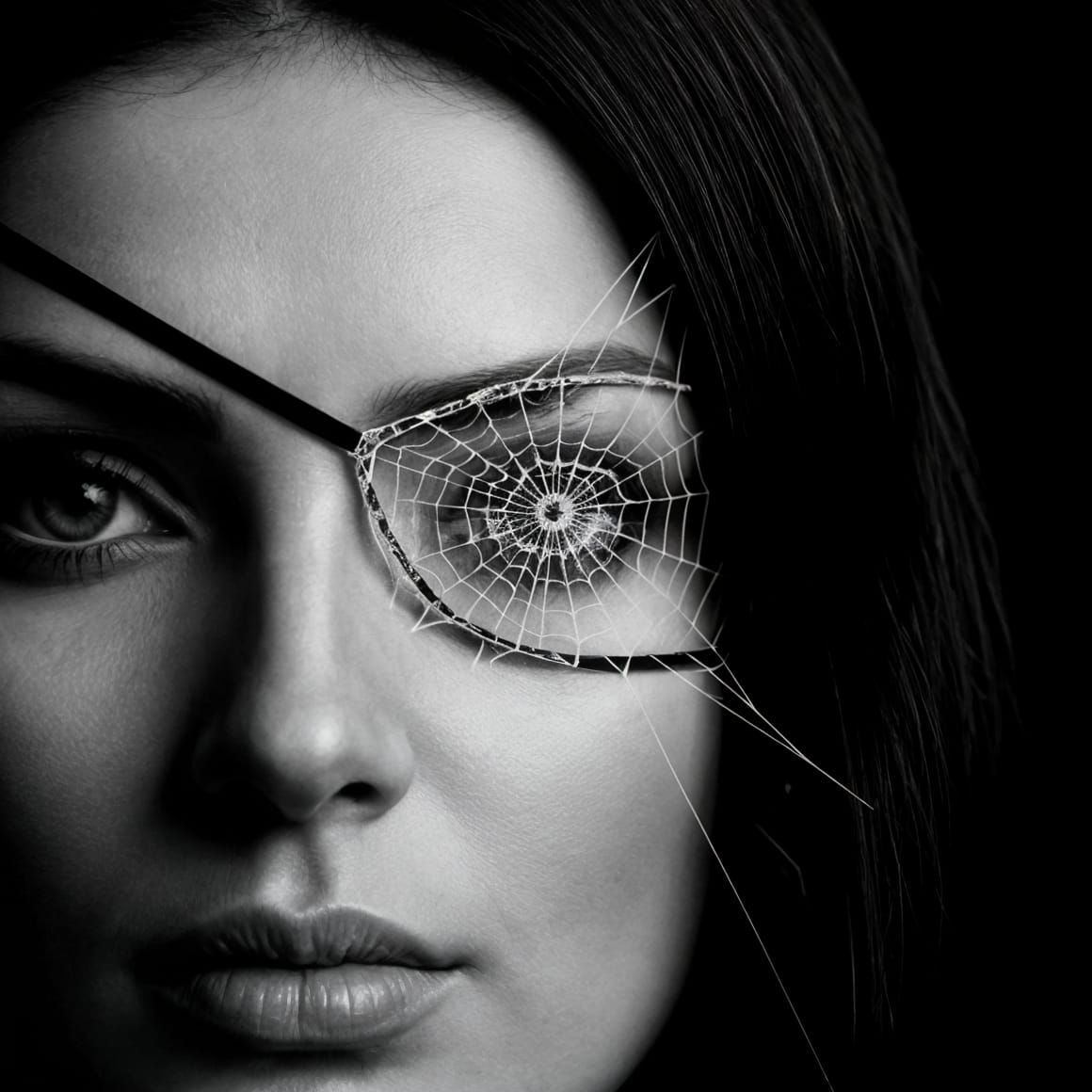 Woman with Intricate Spiderweb Eyepatch in Dramatic Black an...
