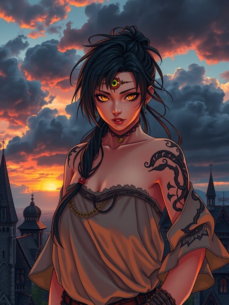 Dark Fantasy Woman with Grotesque Third Eye Stands in Mediev...