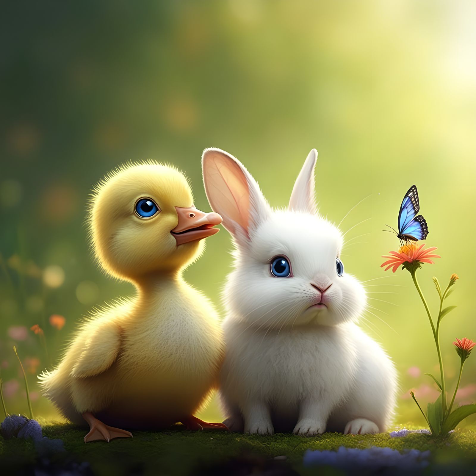 Duckling and Rabbit Watch Butterfly: Hyperrealistic Splash A...