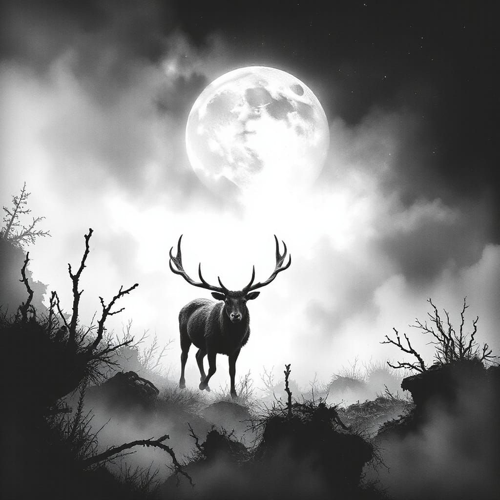 Monochrome Deer in Mist: Sumi-e Ink Wash Painting