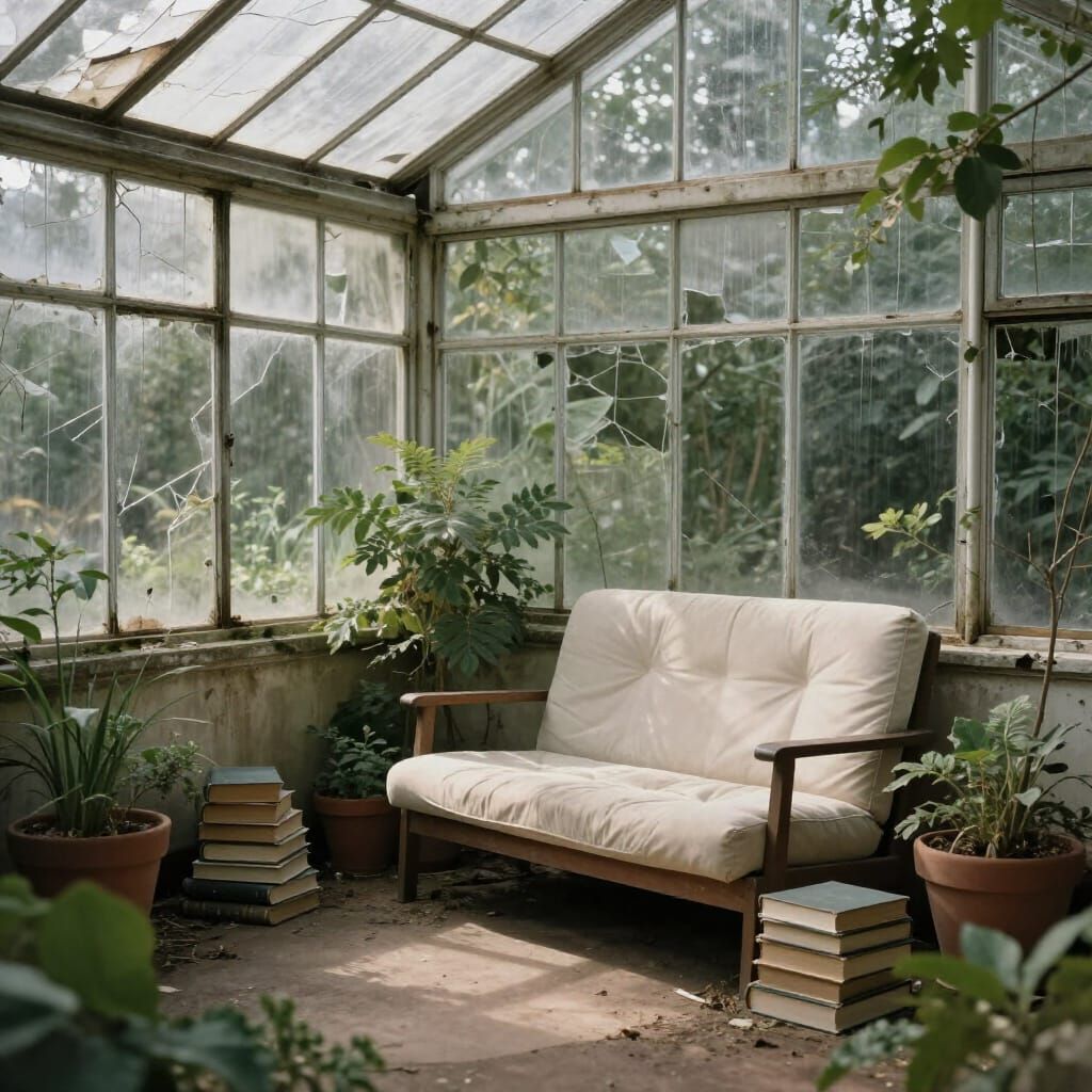 Serene Reading Nook in Overgrown Greenhouse