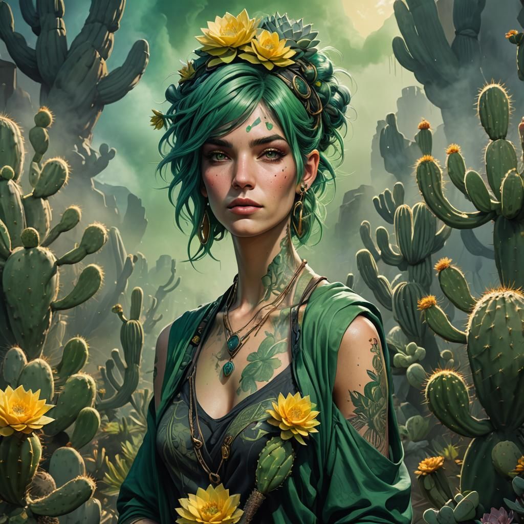 Green-Haired Woman Portrait with Cactus Tattoo