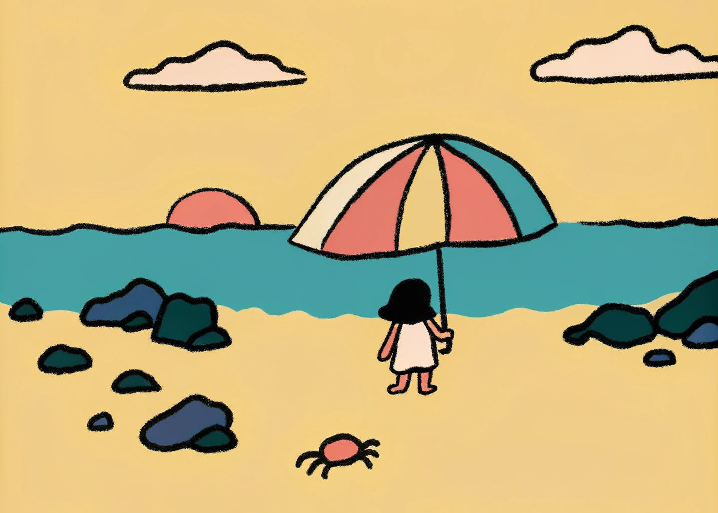 Girl with Rainbow Umbrella on Sunset Beach