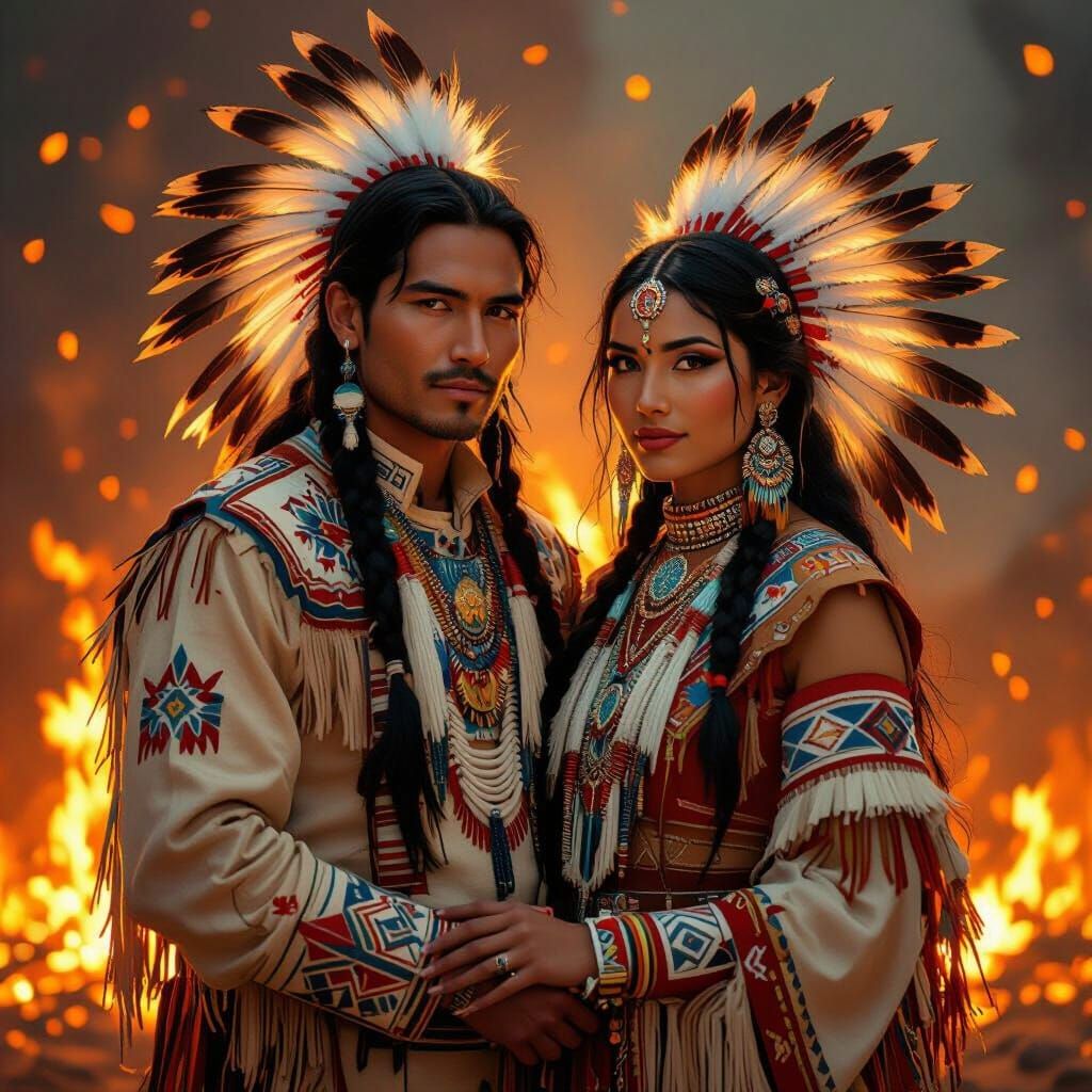 Native American Couple in Traditional Dress Amidst Flames
