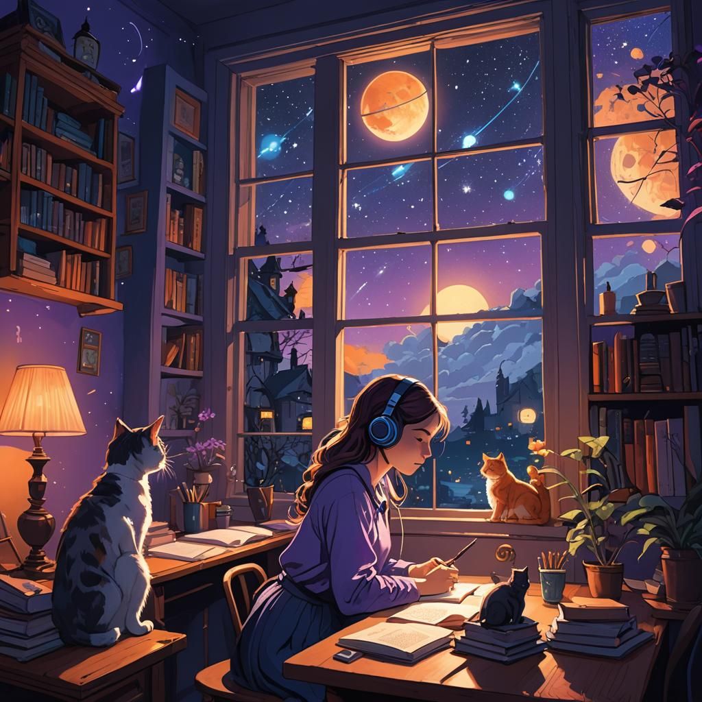 Lofi Girl Studying at Night: Fantasy Concept Art