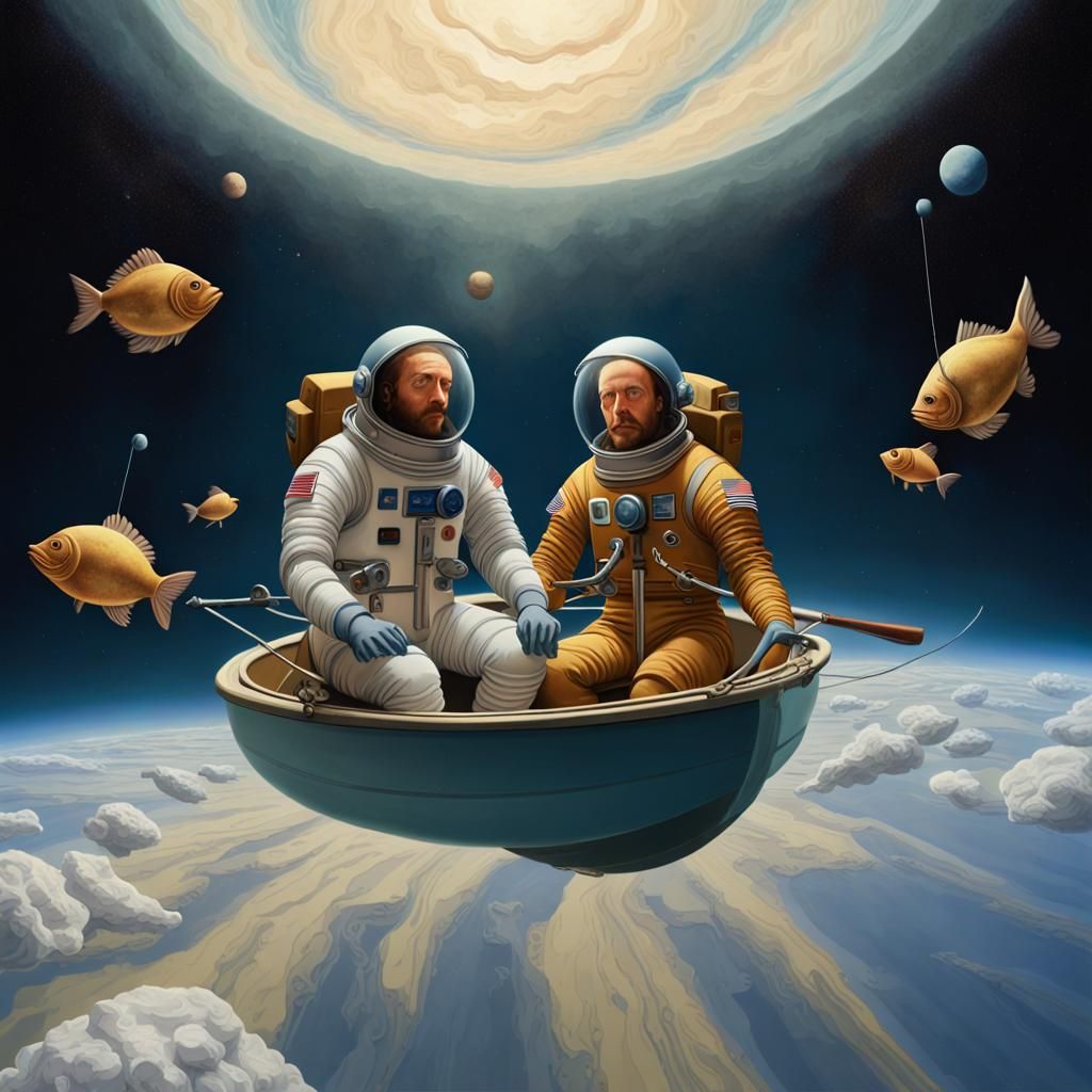 Astronauts Fishing in Space: A Surreal Digital Painting