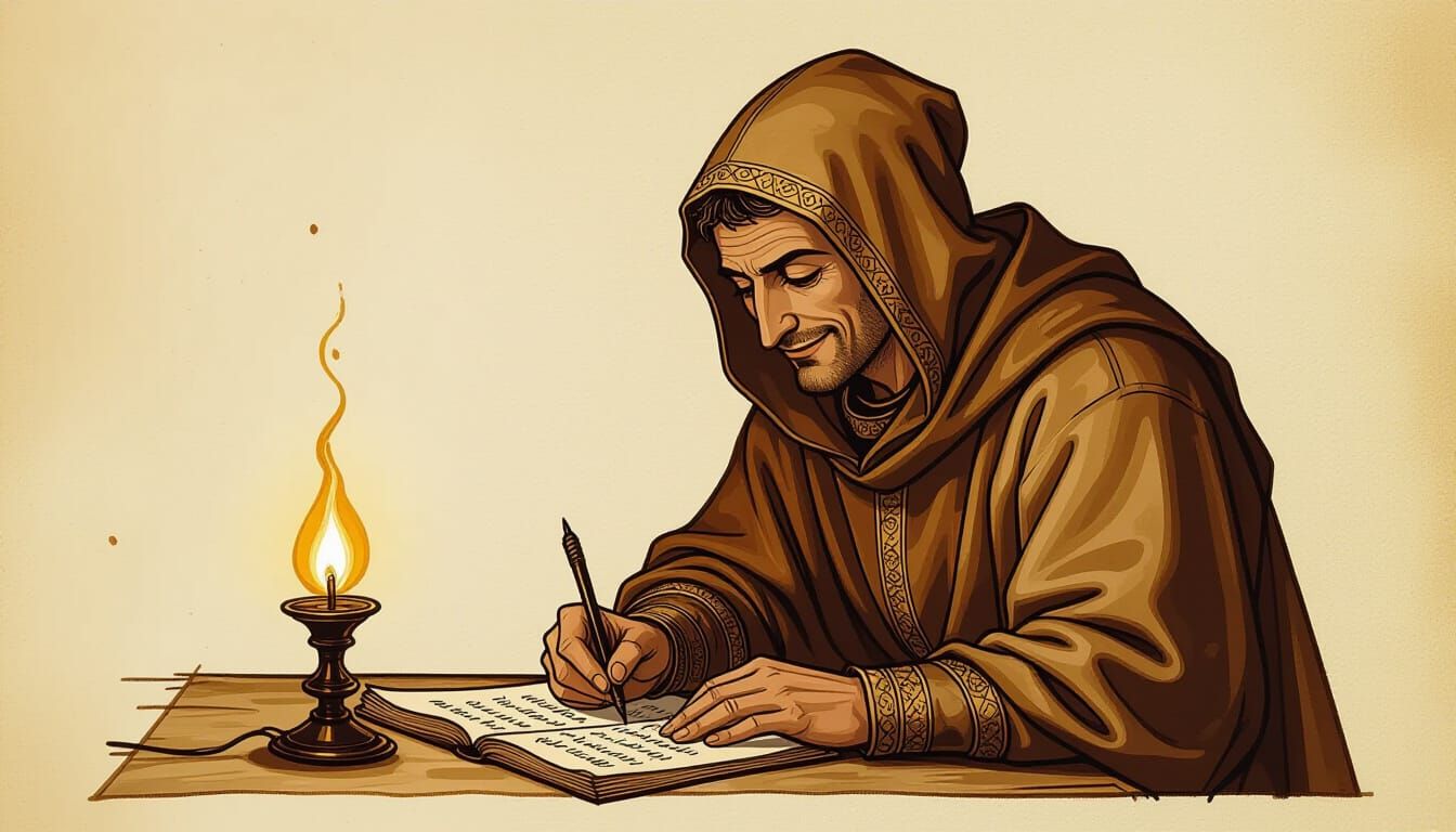 Scribe Secretly Writing by Lamplight in Medieval Style