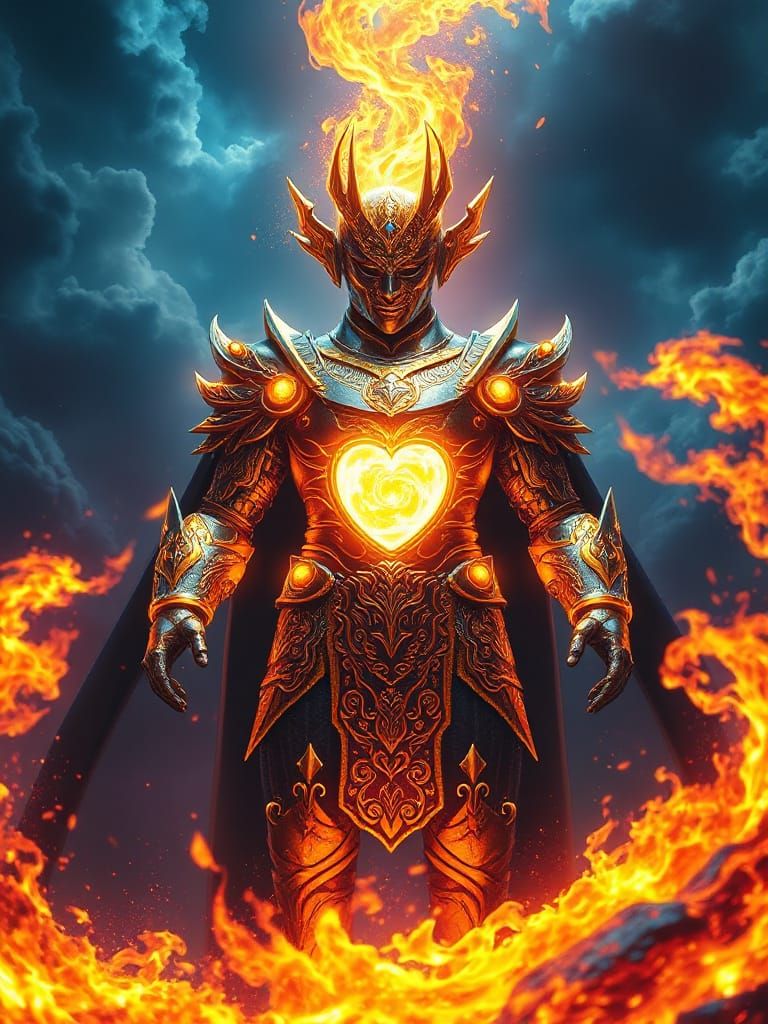 Epic Fantasy Ruler in Majestic Armor, Surrounded by Flames a...