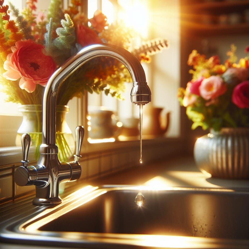 Sunny Kitchen Faucet with Dripping Water and Vibrant Flowers